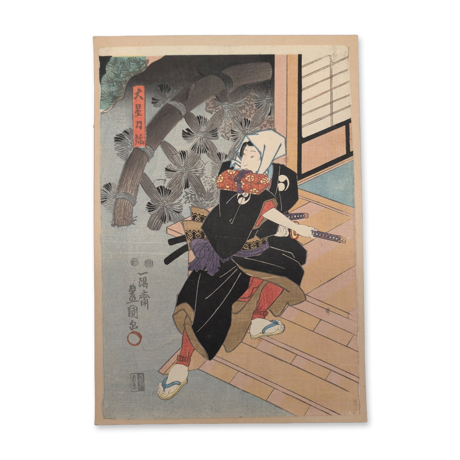 Utagawa Toyokuni III (Japanese (1786-1865) Woodblock Print, Warrior Ascending a Staircase: Japanese theatrical design in a vertical composition portraying an armored warrior ascending an outdoor wooden staircase beside an open screen door. The figure is clad in a dark robe, equipped with du