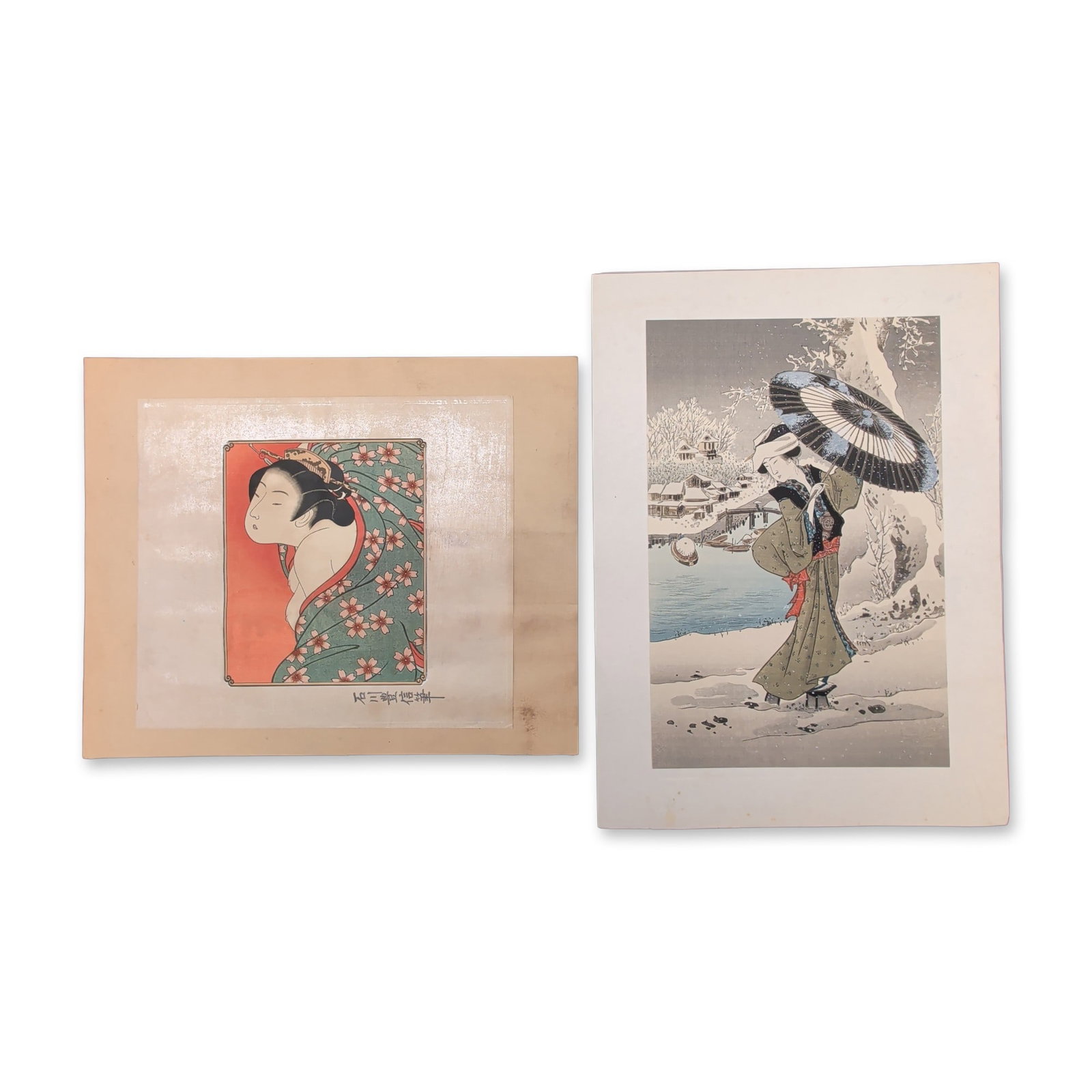 2pc by Toyonobu & After Kuniyoshi Japanese Woodblock Prints of Beauties: Two Japanese color woodblock prints depicting traditional beauties (bijin-ga). The first print, titled Beauty in the Snow, depicts a woman in a winter landscape holding an oil-paper umbrella, accompan