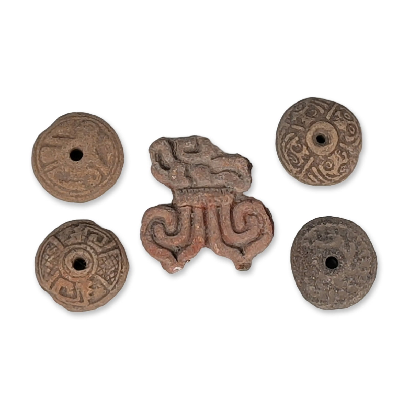 5pc Pre-Columbian Pottery Spindle Whorls and Stamp (1 of 3)