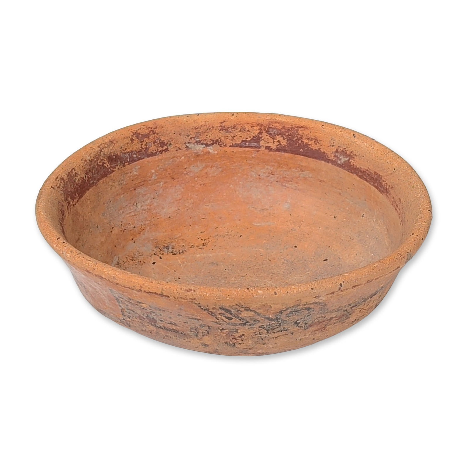 Pre-Columbian Polychrome Ceramic Avian Bowl: Shallow serving bowl in polychrome terracotta, featuring a repeating horizontal register of stylized water birds. The figures are rendered in black and dark red slip against a natural orange-buff grou