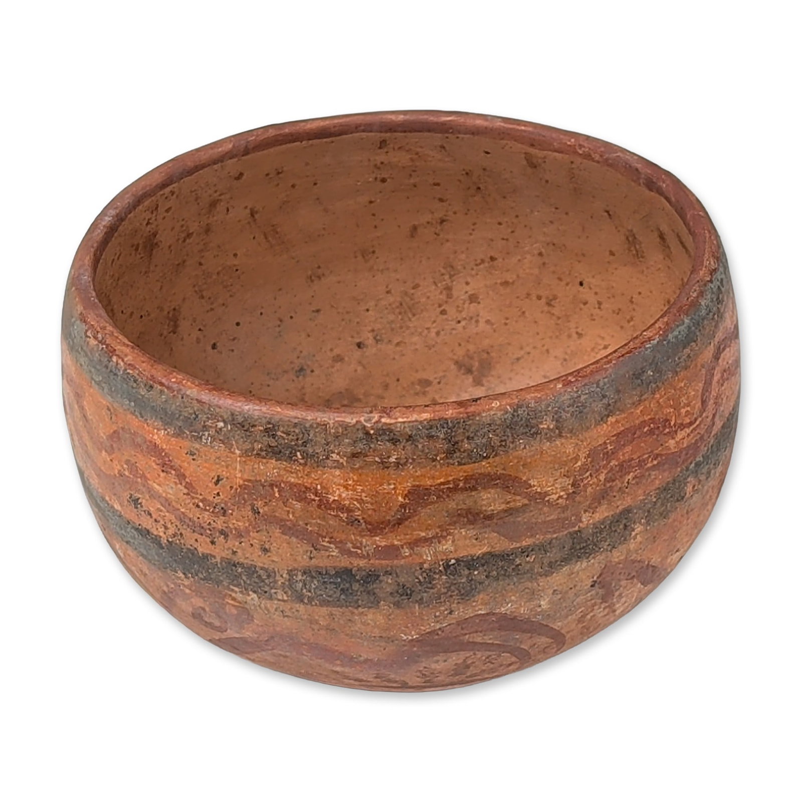 Pre-Columbian Polychrome Earthenware Bowl: A deep, rounded earthenware bowl featuring polychrome slip decoration. The vessel is finished with a warm orange slip ground, decorated with three primary horizontal registers. The upper and mid-body 
