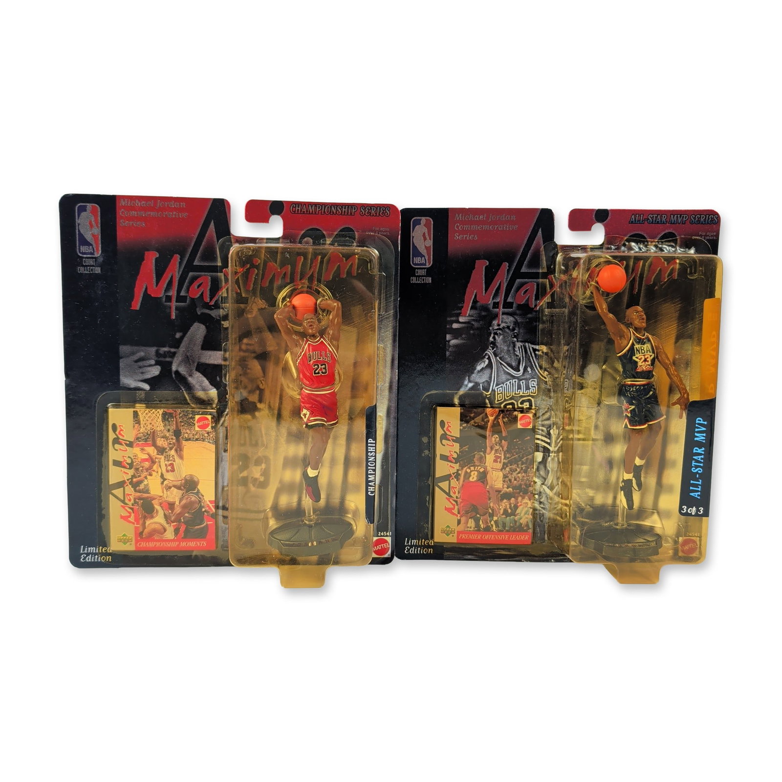 2pc Mattel Upper Deck 1990s Michael Jordan Action Figures: This pair of vintage Mattel NBA Court Collection sports action figures features Hall of Fame basketball player Michael Jordan in original factory-sealed retail packaging. The pieces include an