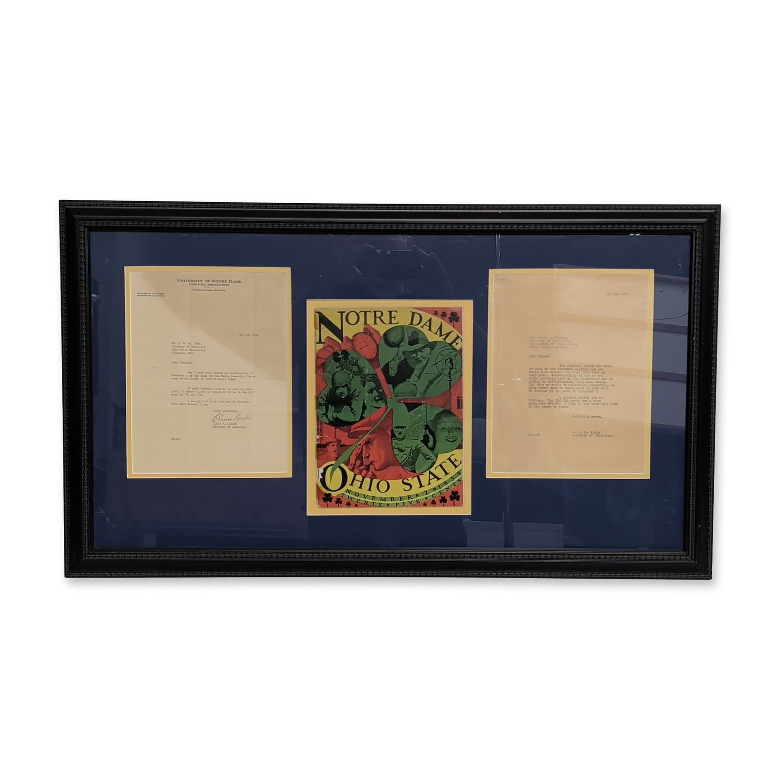 Framed Notre Dame vs Ohio State 1935-1936 Football Ephemera Grouping: Framed collection of college football ephemera documenting the 1935 and 1936 matchups between the University of Notre Dame and Ohio State University. The grouping features an original program cover