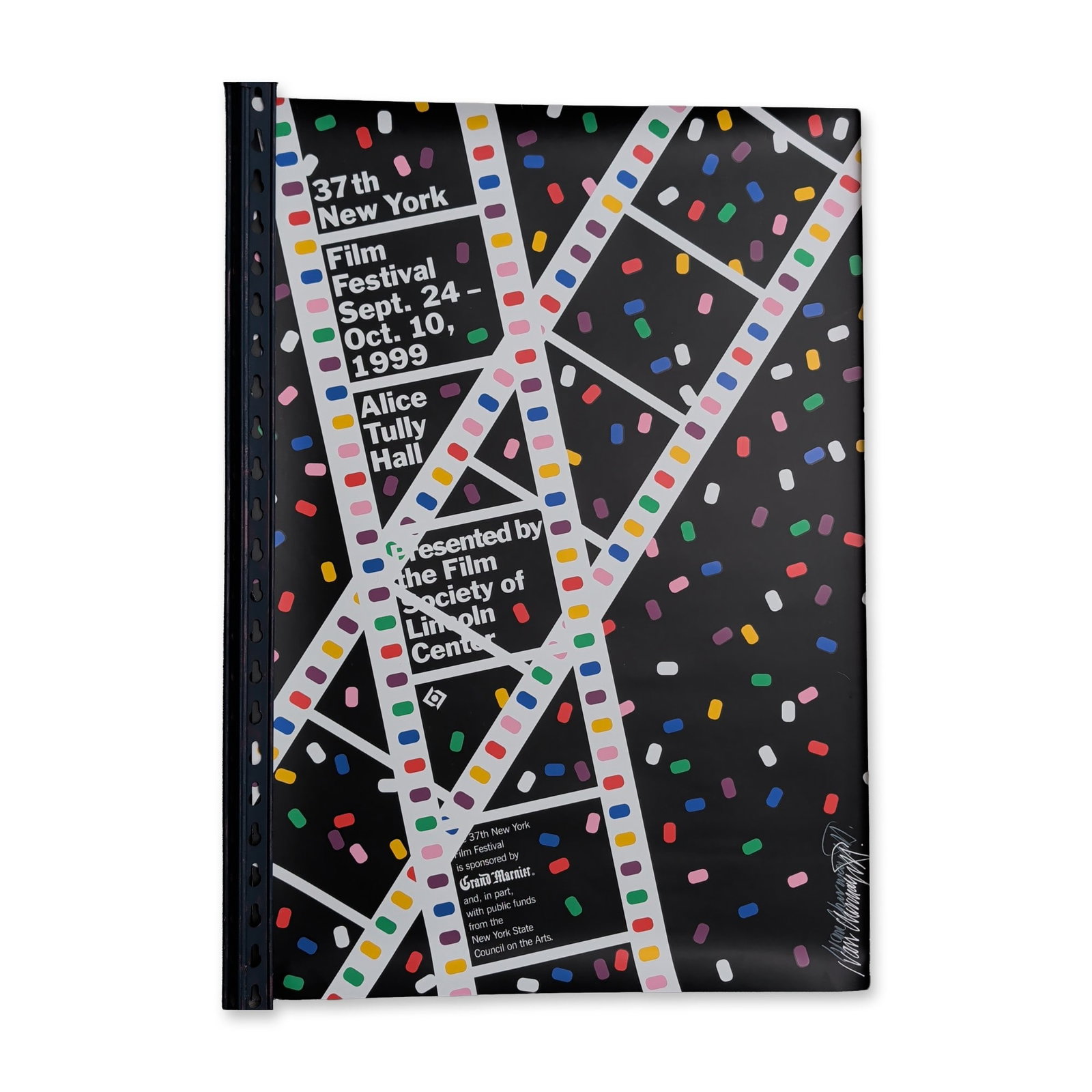 Ivan Chermayeff (American, 1932-2017) Poster, 37th New York Film Festival, Signed: Ivan Chermayeff (American, 1932-2017). Graphic poster on paper for the 37th New York Film Festival, 1999. Design features a matte black ground with scattered multicolored pill-shaped motifs overlaid w