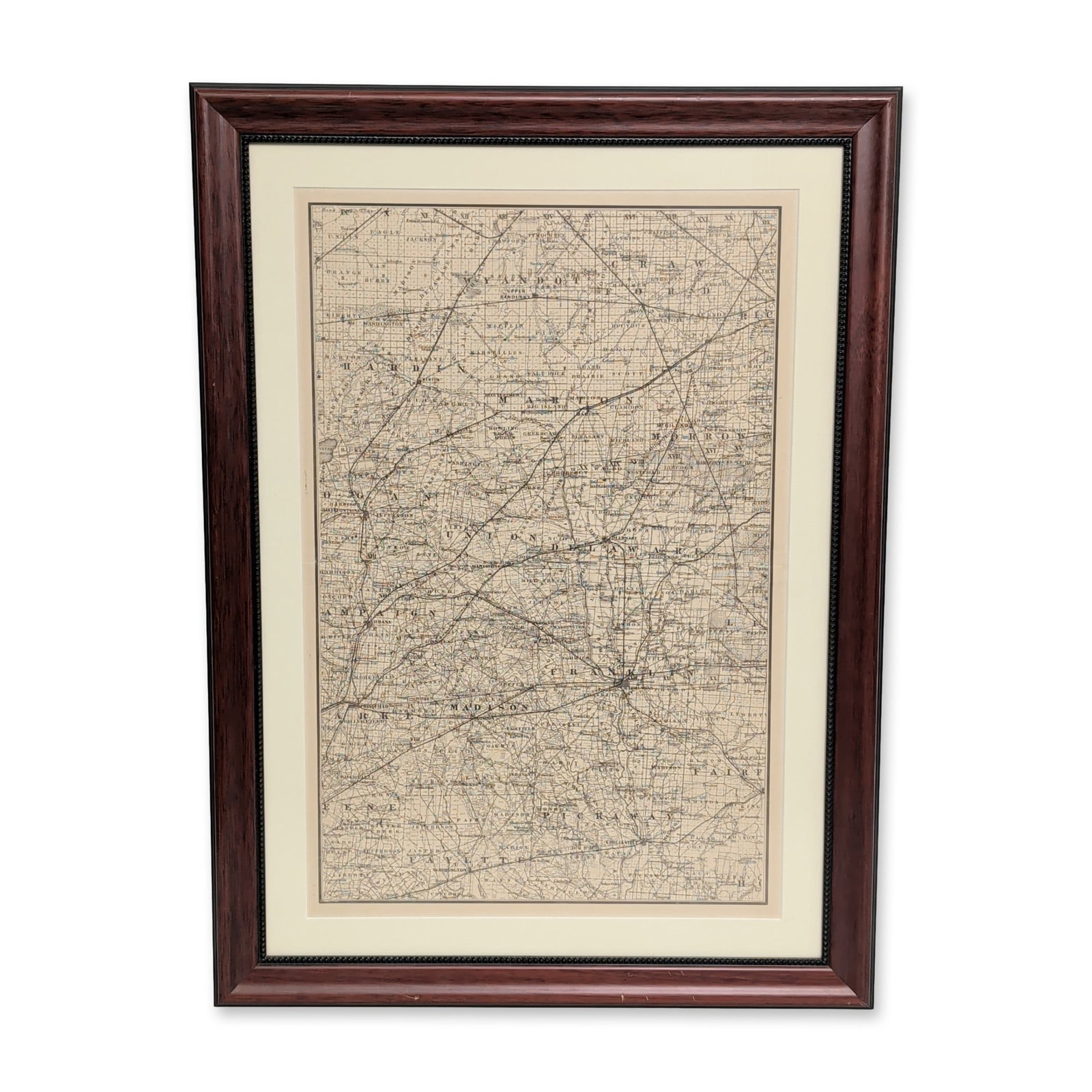 Central Ohio Reproduction Atlas Map Framed: Map depicting portions of Central Ohio including Franklin, Marion, Union, Delaware, Madison, and Hardin counties. The map features detailed township grids, section numbers, railroad lines, and individ