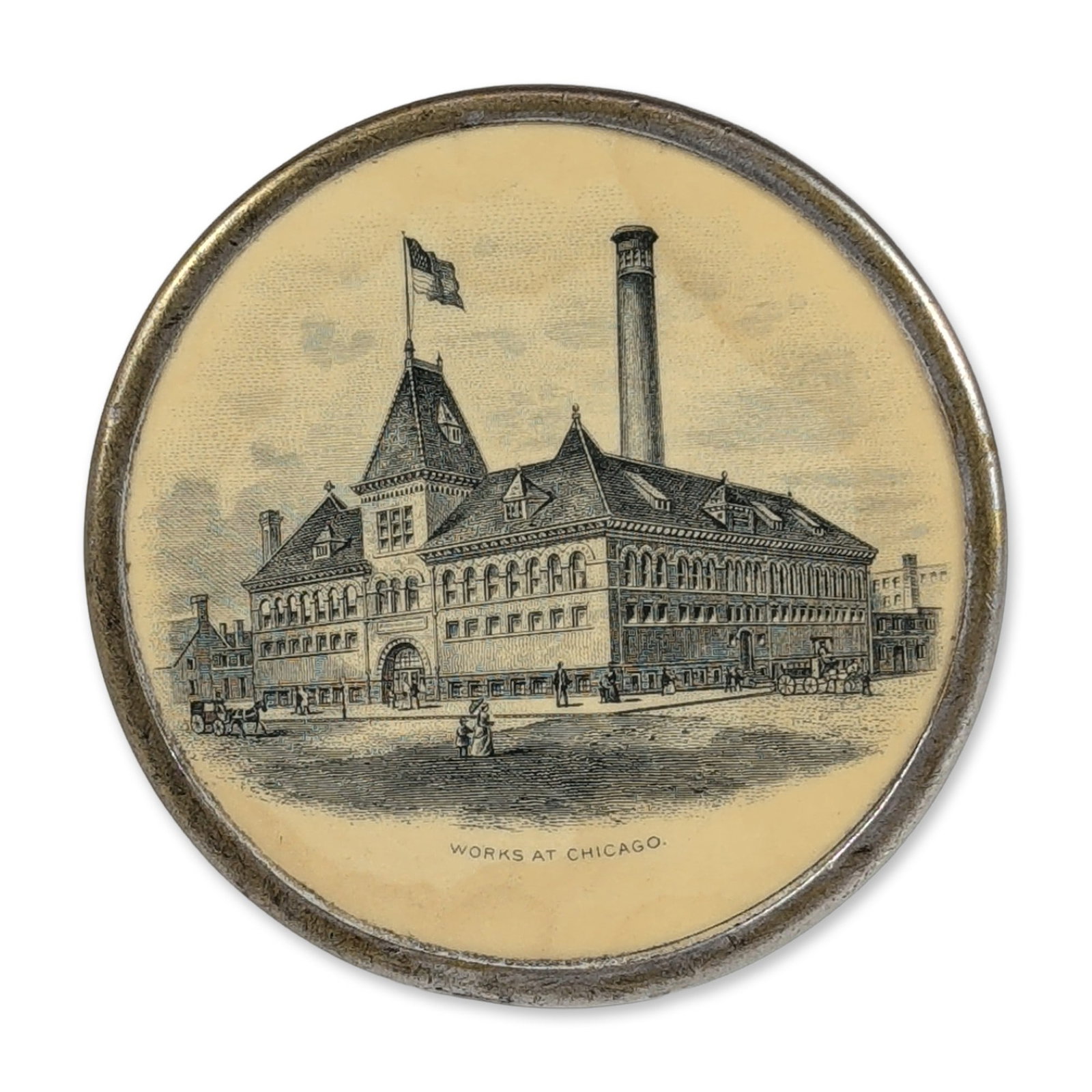 Murphy Varnish Co. Advertising Paperweight: Late 19th to early 20th-century advertising paperweight produced for the Murphy Varnish Company. The circular metal-rimmed object features two printed paper inserts protected by a clear cover. The