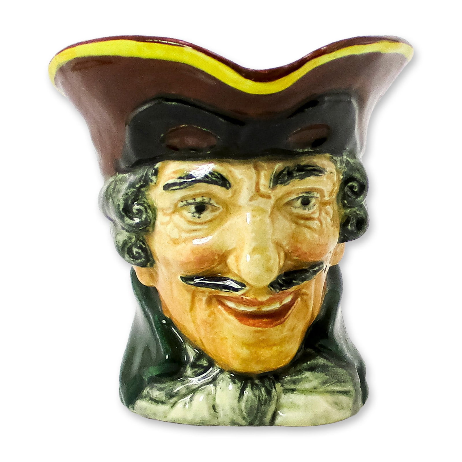 Dick Turpin D5618 Small Doulton Character Jug: Style One. Brown hat; black mask up; green coat; white cravat. Dick Turpin (1705 - 1739) joined forces with fellow highwayman Tom King, whom he accidentally shot. Before he died, King betrayed him. Th