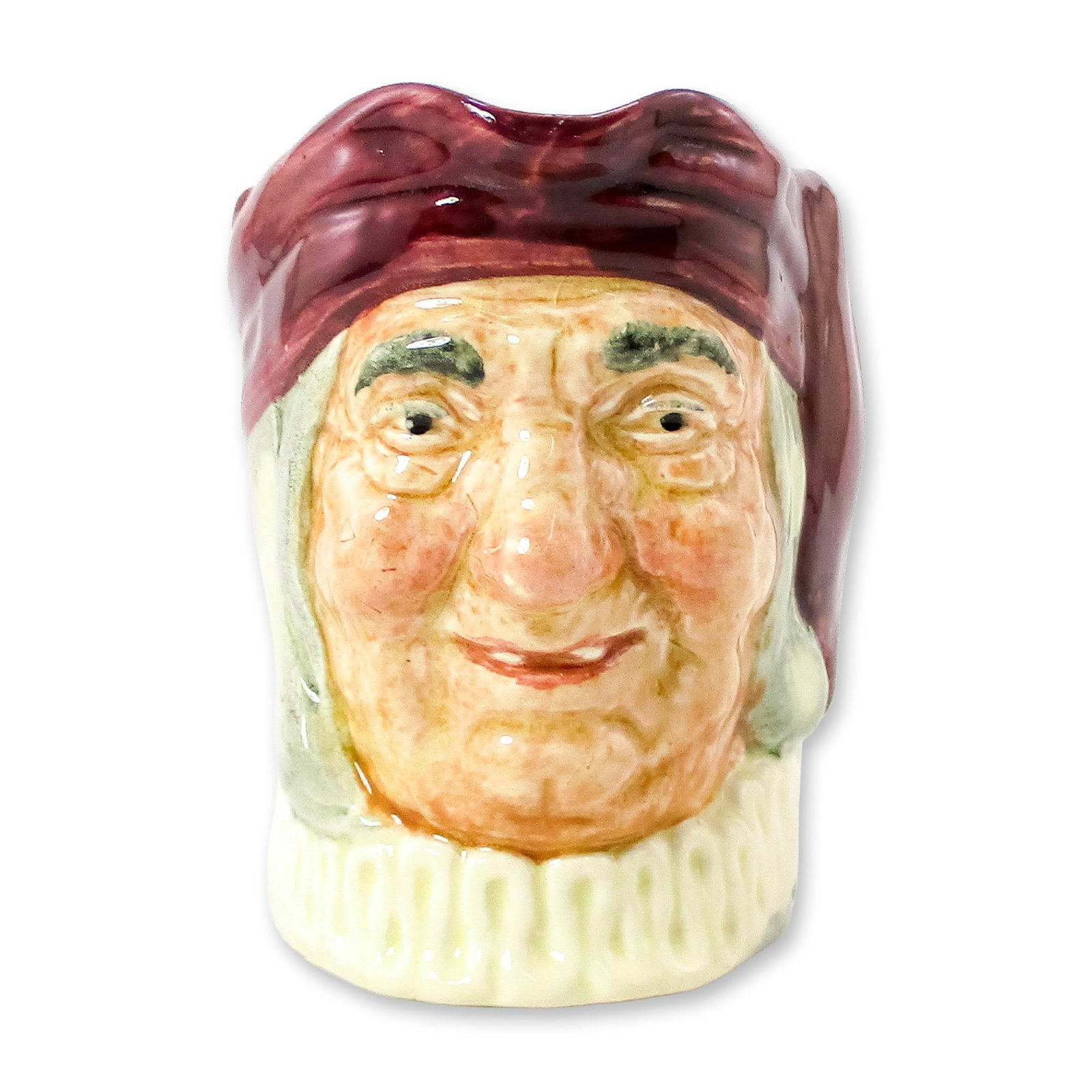Simon the Cellarer D5616 Small Royal Doulton Character Jug: Maroon hat; white ruff. Simon was the subject of a 19th century English folksong. The keys on the handle are those to his cellar, full of great wines and ales. He was always good for standing a drink 