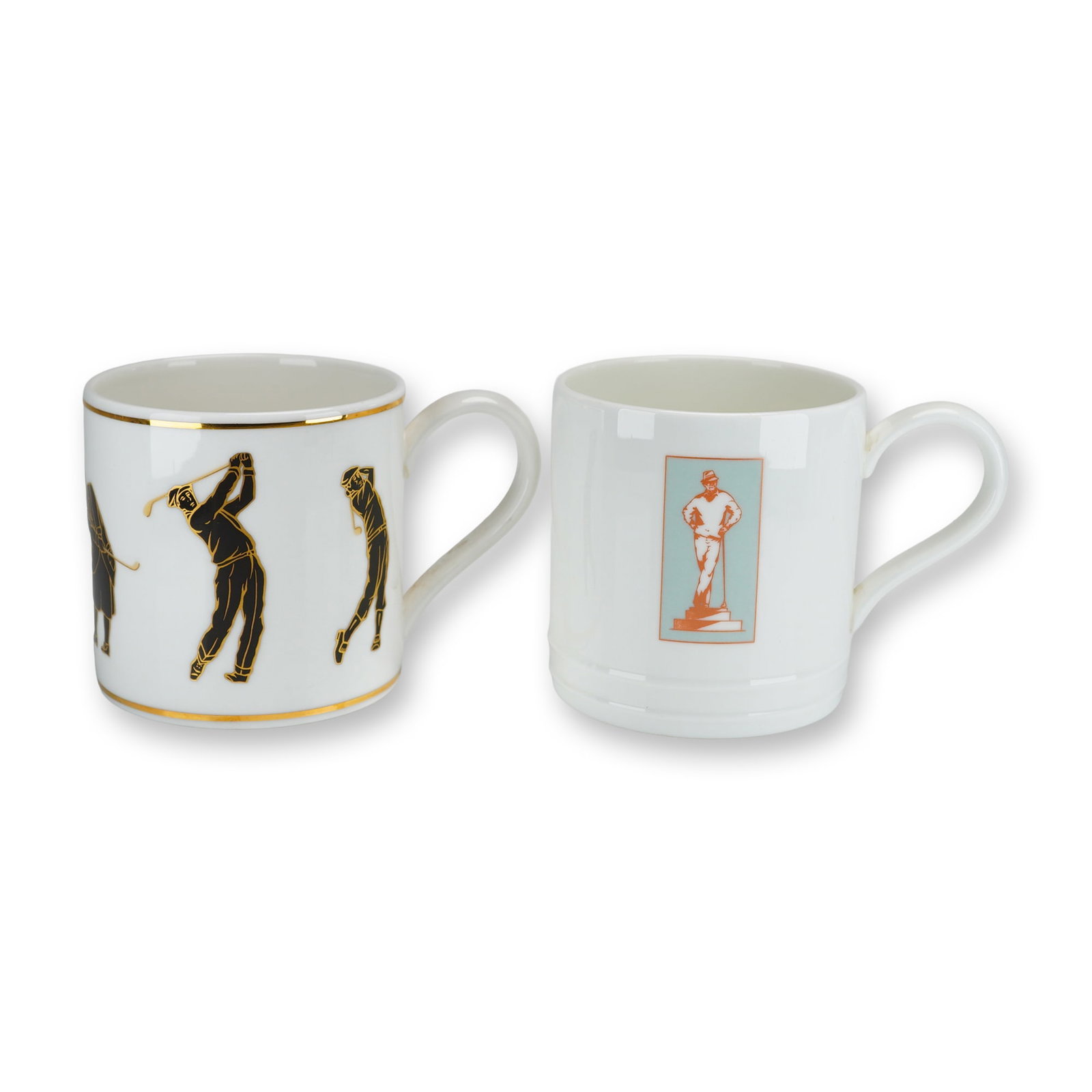 2pc Wedgwood Bone China Golf-Themed Mugs: This set consists of two white bone china mugs manufactured by Wedgwood, both featuring golf-themed transfer-printed decoration. The first mug is decorated with black and gold silhouetted figures of g