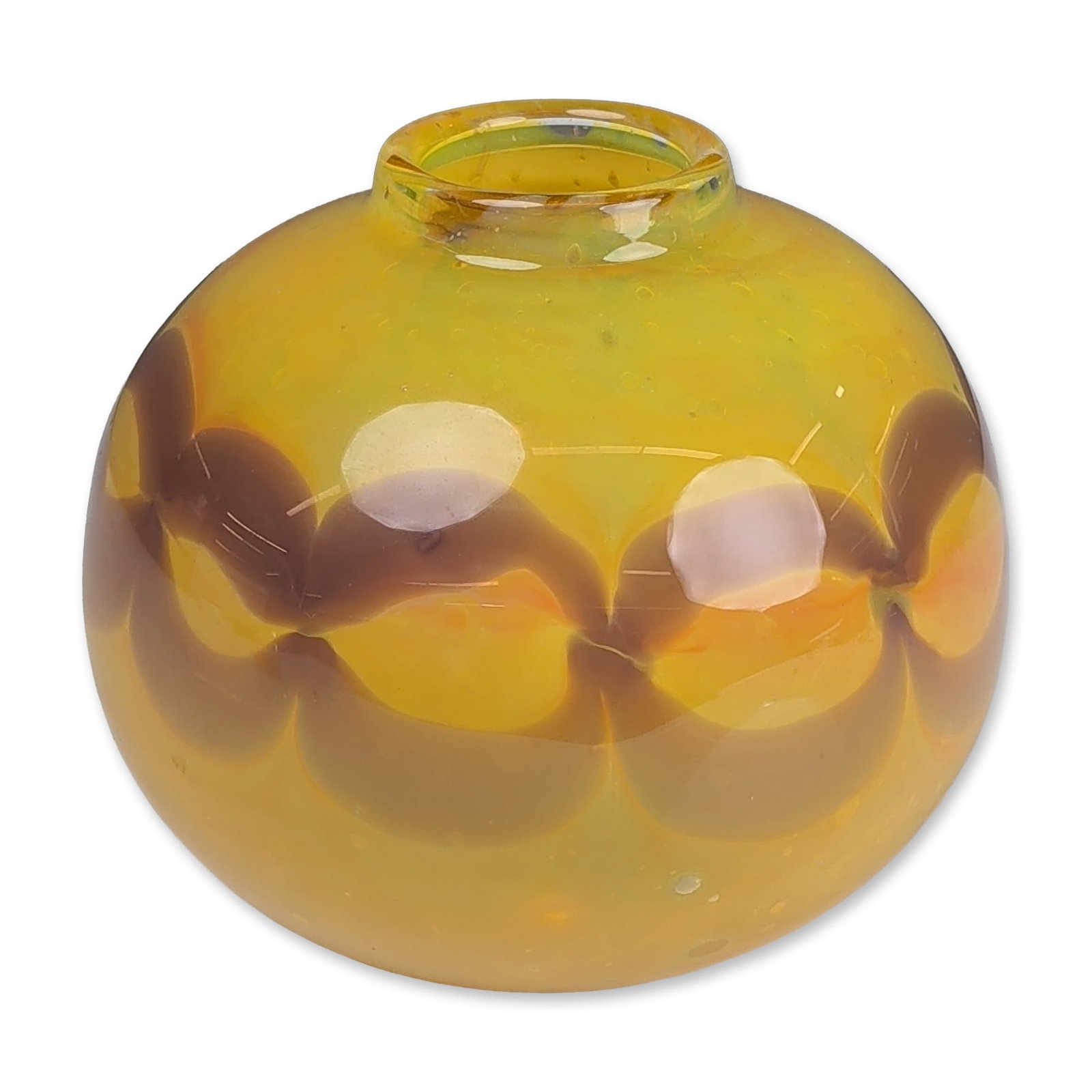 Mid-Century Studio Art Glass Festoon Vase: Mid-century studio glass vase in a globular form, executed in transparent yellow-gold glass. The body is decorated with three horizontal tiers of applied and marvered dark amber-brown looped festoons 