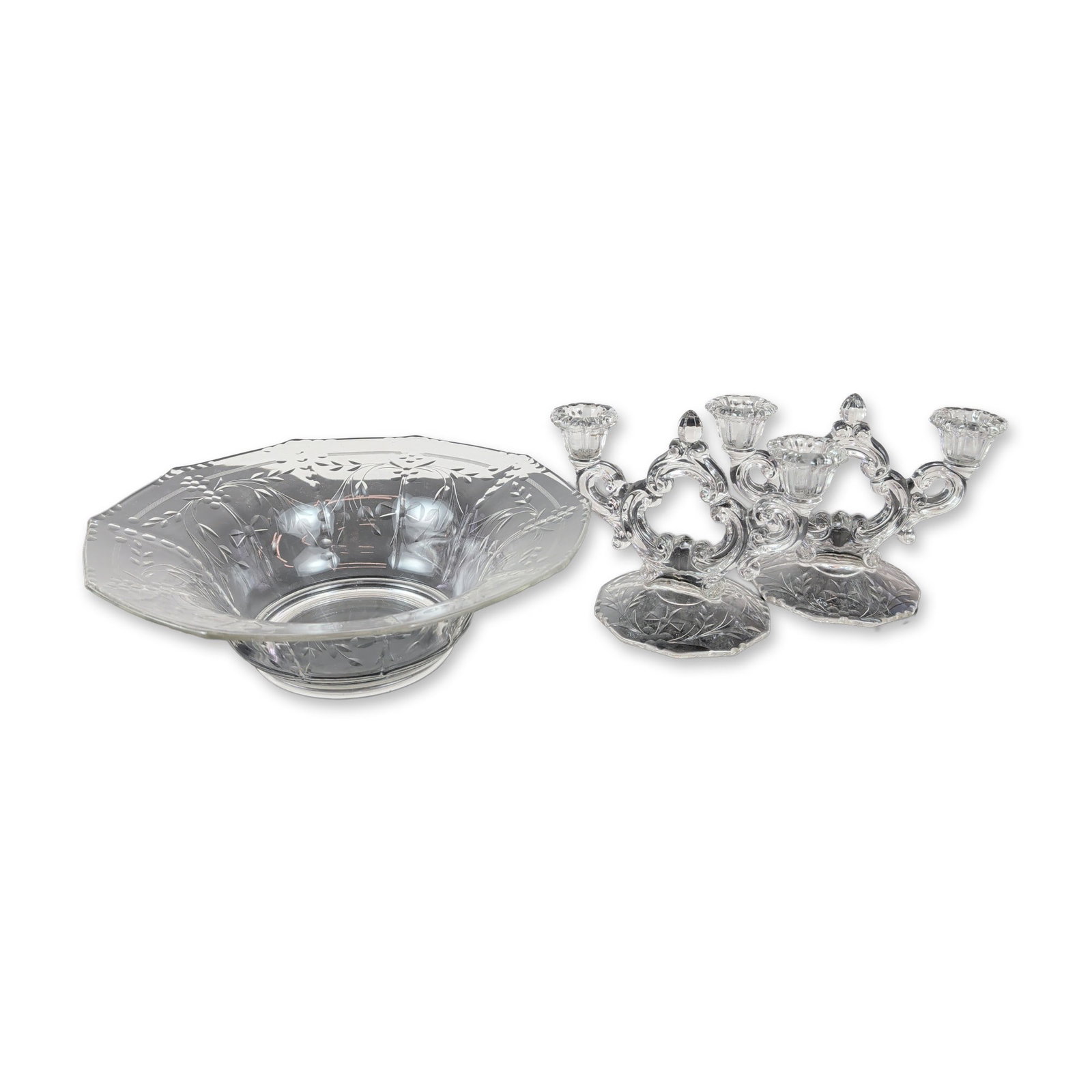 Three-Piece American Etched Glass Candelabra and Centerpiece Bowl (1 of 4)