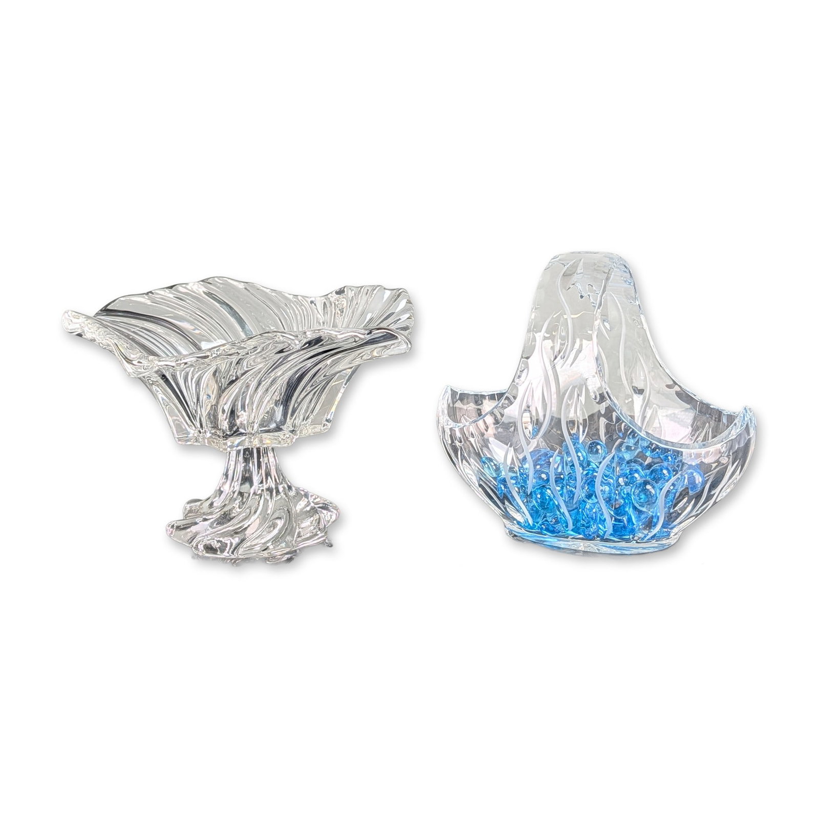 2pc Mikasa Belle Epoque Bowl and Frosted Glass Basket: Mikasa Belle Epoque pattern footed centerpiece bowl and a frosted glass basket. The Mikasa bowl is pressed clear crystal featuring a deep scalloped rim and a continuous swirling ribbed design extendin