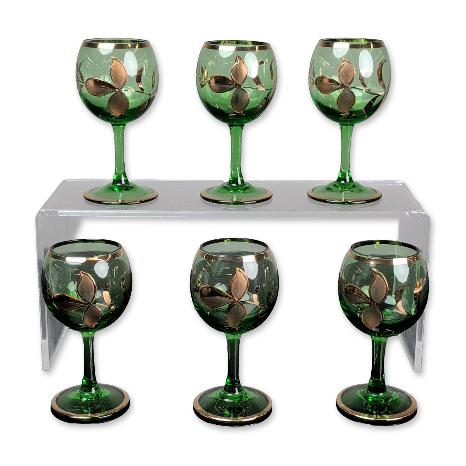6pc Bohemia Gilded Green Glass Cordials (1 of 5)