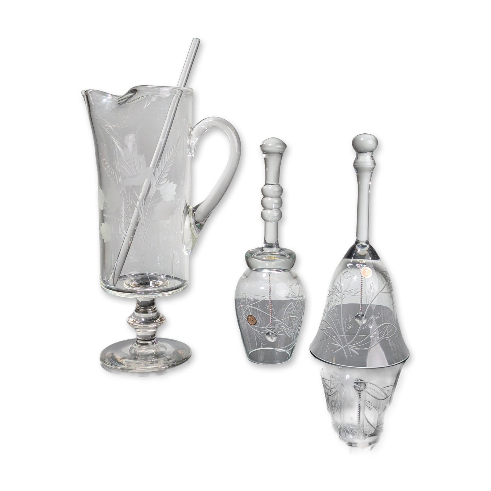4pc Romanian Cut and Etched Glass Cocktail Pitcher and Hand Bells (1 of 5)