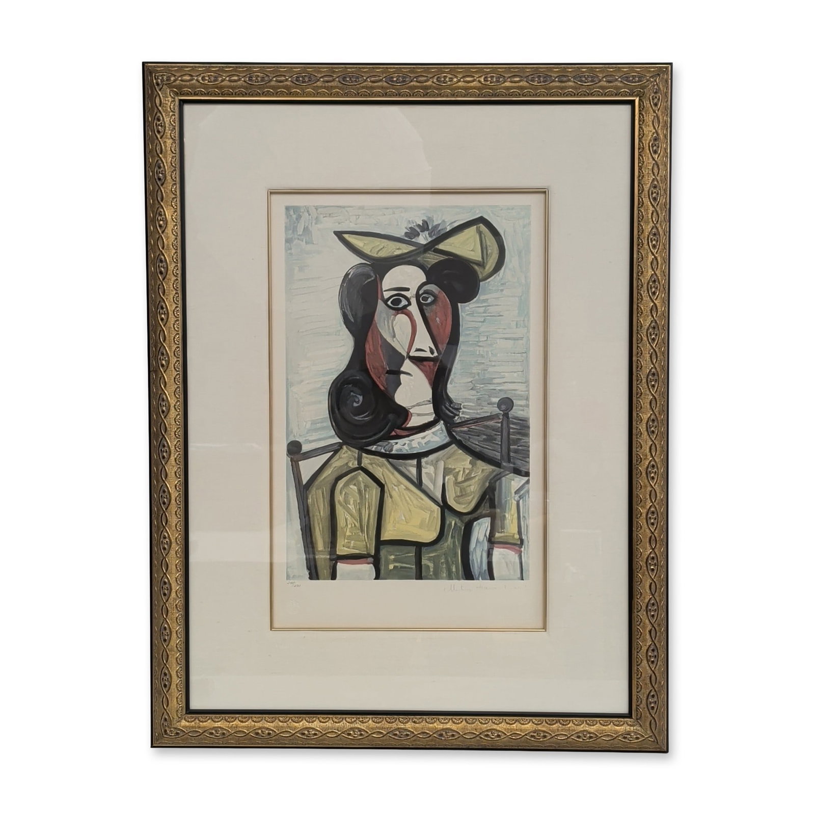 After Pablo Picasso (Spanish, 1881-1973), Estate Edition Lithograph on Paper, Femme au Chapeau Jaune: After Pablo Picasso (Spanish, 1881-1973) estate edition lithograph on paper titled Femme au chapeau jaune (Woman in a Yellow Hat), from the Collection Marina Picasso. The cubist portrait is rendered i