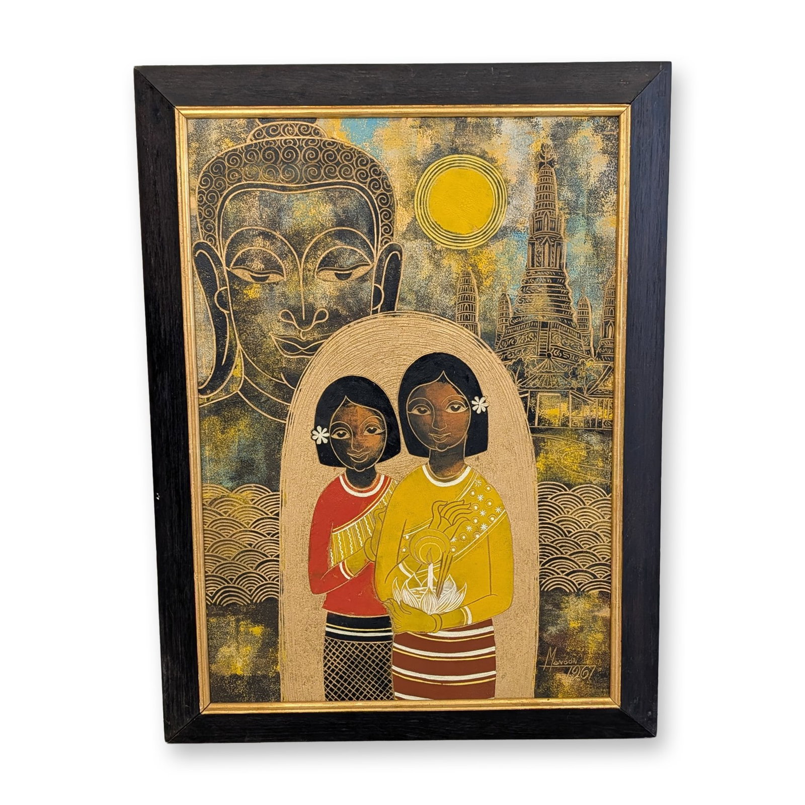 Manoon Tumsri (Thai b. 1943) Carved Painting on Panel, Thai Figures with Lotus, Signed and Dated (1 of 4)