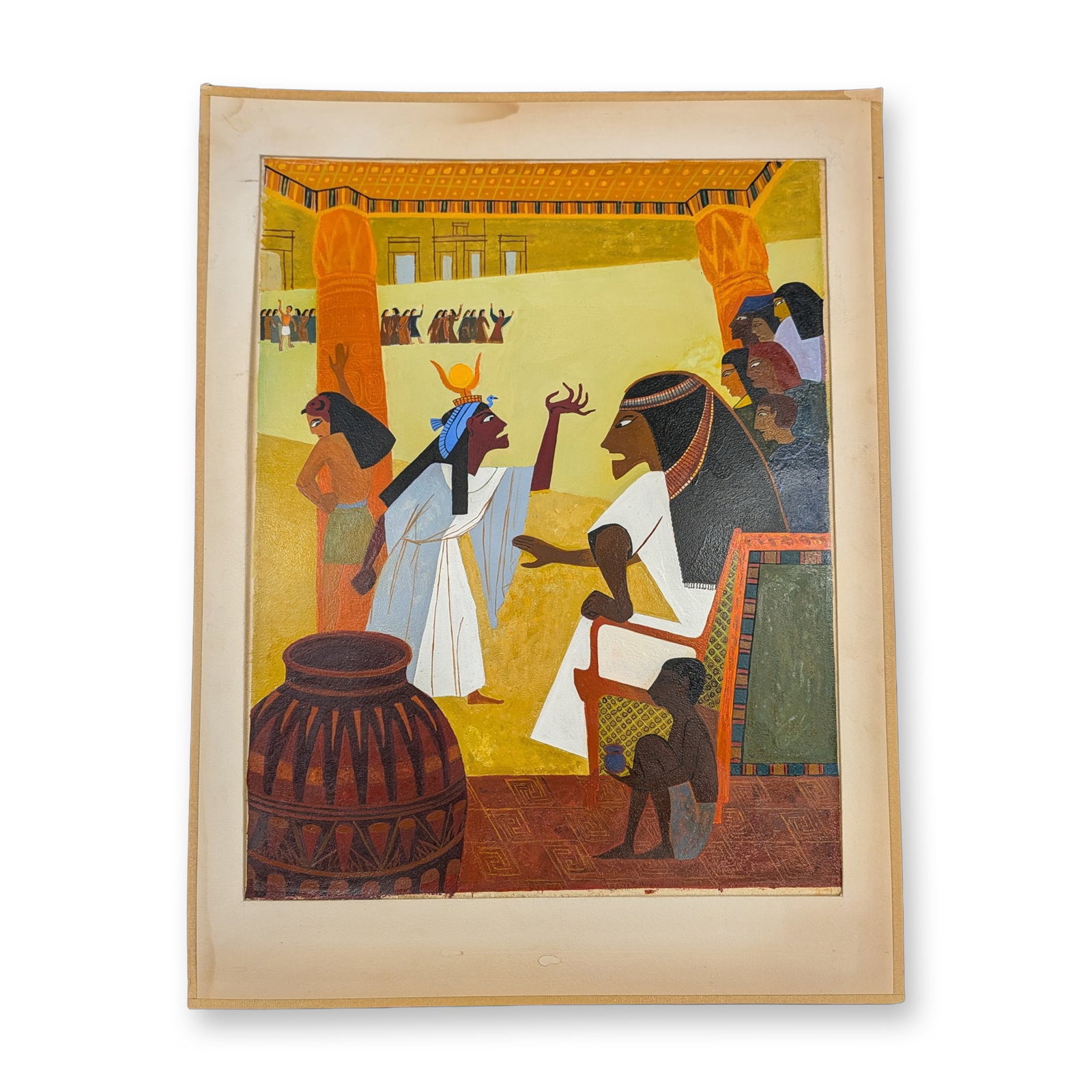Mid-Century Modernist Oil on Paper Board, Egyptian Revival Narrative Scene (1 of 3)