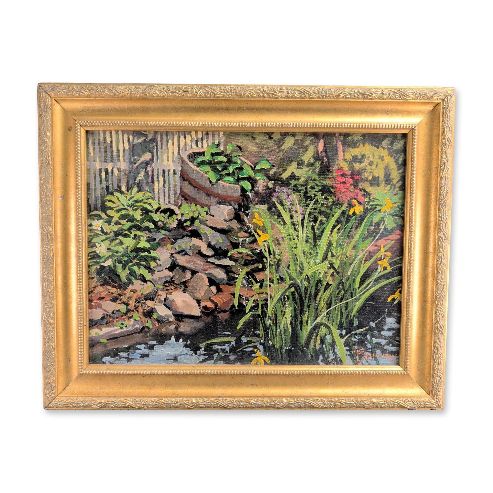 Steven L. Barrows (American 20th-21st century) Impressionist Oil on Canvas, Signed: Steven L. Barrows Impressionist style oil painting on stretched canvas featuring an intimate garden landscape with a stone waterfall flowing into a pond, yellow irises, and a wooden barrel planter set