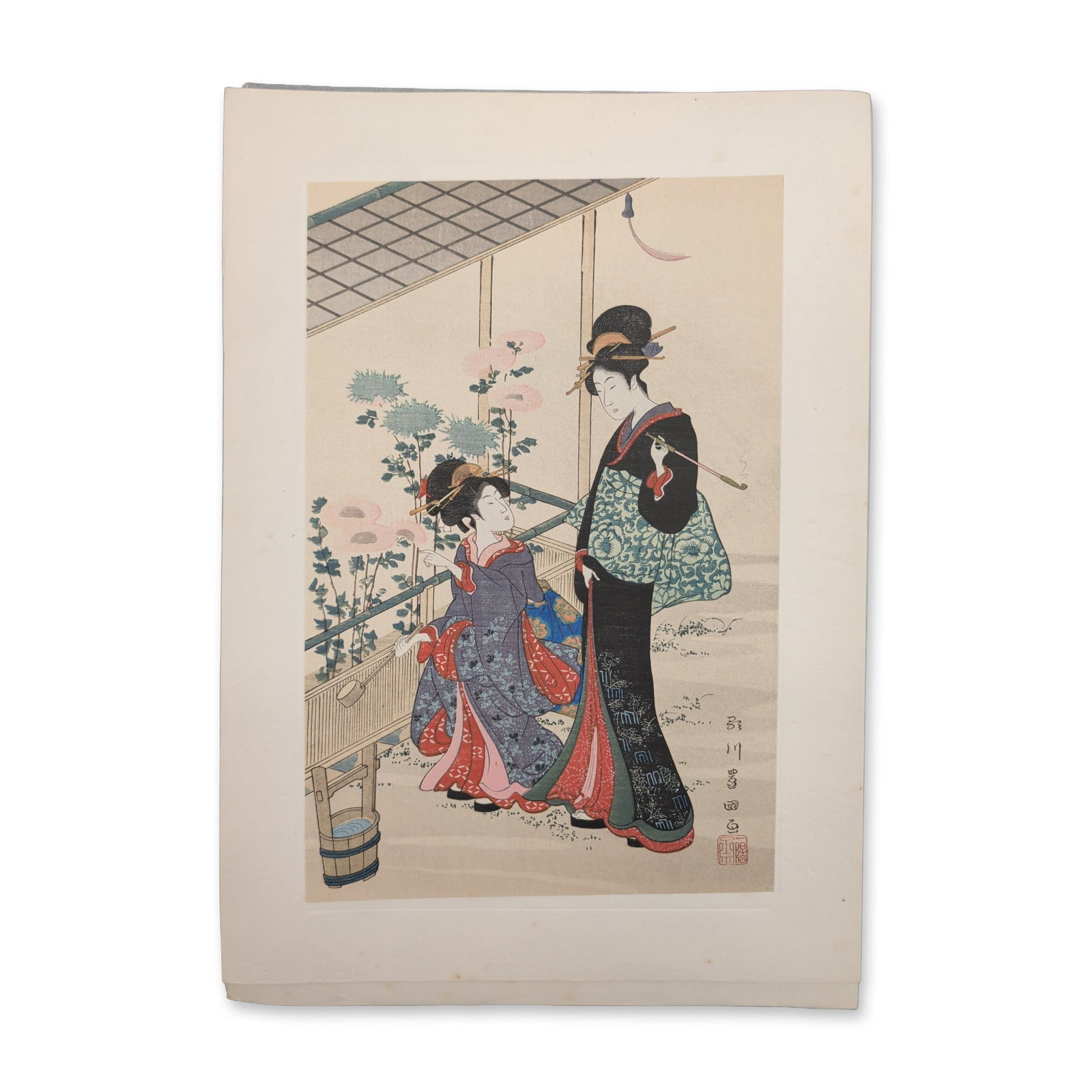 2pc After Kitagawa Utamaro & Korin Ogata Woodcuts on Paper: This paired offering brings together two mid-century studio showcase prints celebrating the definitive masterworks of the bijin-ga and Rimpa traditions, each housed in its covered presentation folder 