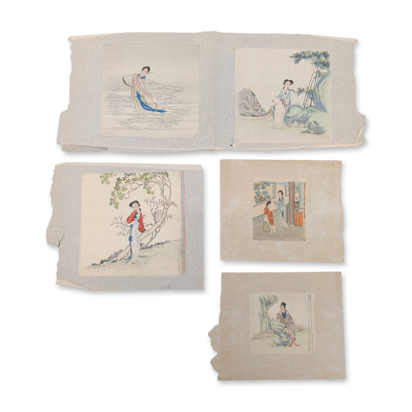 8pc Chinese Meiren Paintings on Silk: Double sided Chinese School set of eight miniature figurative paintings in ink and mineral pigments on fine silk, each mounted to fibrous paper backings. The works are executed in the gongbi style, fe