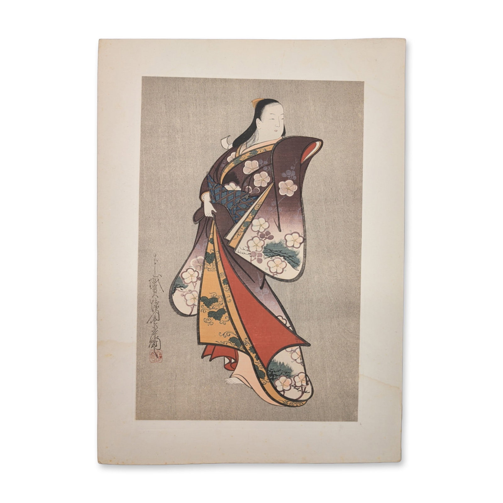 After Kaigetsudo Takushin, Japanese Woodblock Print of a Beauty: This 20th-century Showa-era studio striking replicates a classical early 18th-century portrait design from the famous Kwaigetsudo school, matching the explicit nomenclature on the presentation wrapper