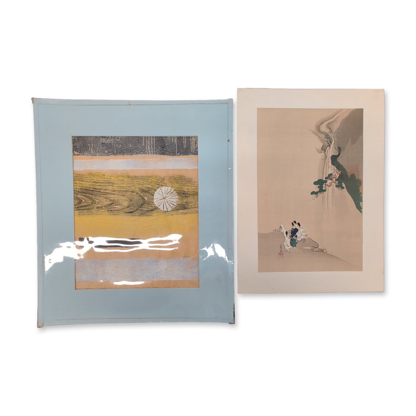2pc Ogata Korin and Jessie Keiko Saiki Japanese Woodblock Prints: Two Japanese woodblock prints including a color woodblock reproduction after Ogata Korin (1658-1716) titled Yoro Fall. The composition depicts a cascading waterfall, a gnarled pine tree, and a group o