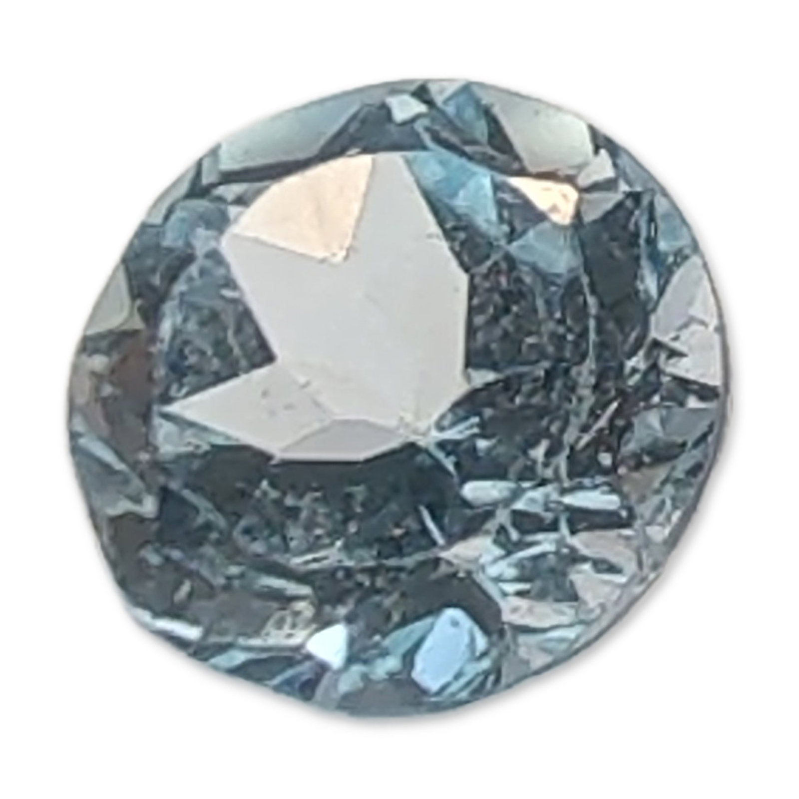 Round Brilliant Cut Light Blue Topaz Gemstone: Round brilliant-cut loose Topaz gemstone in a pale, light blue color. It features a multi-faceted pavilion and crown with good clarity. No formal laboratory certification is present. Weight: 1.0ctDiam