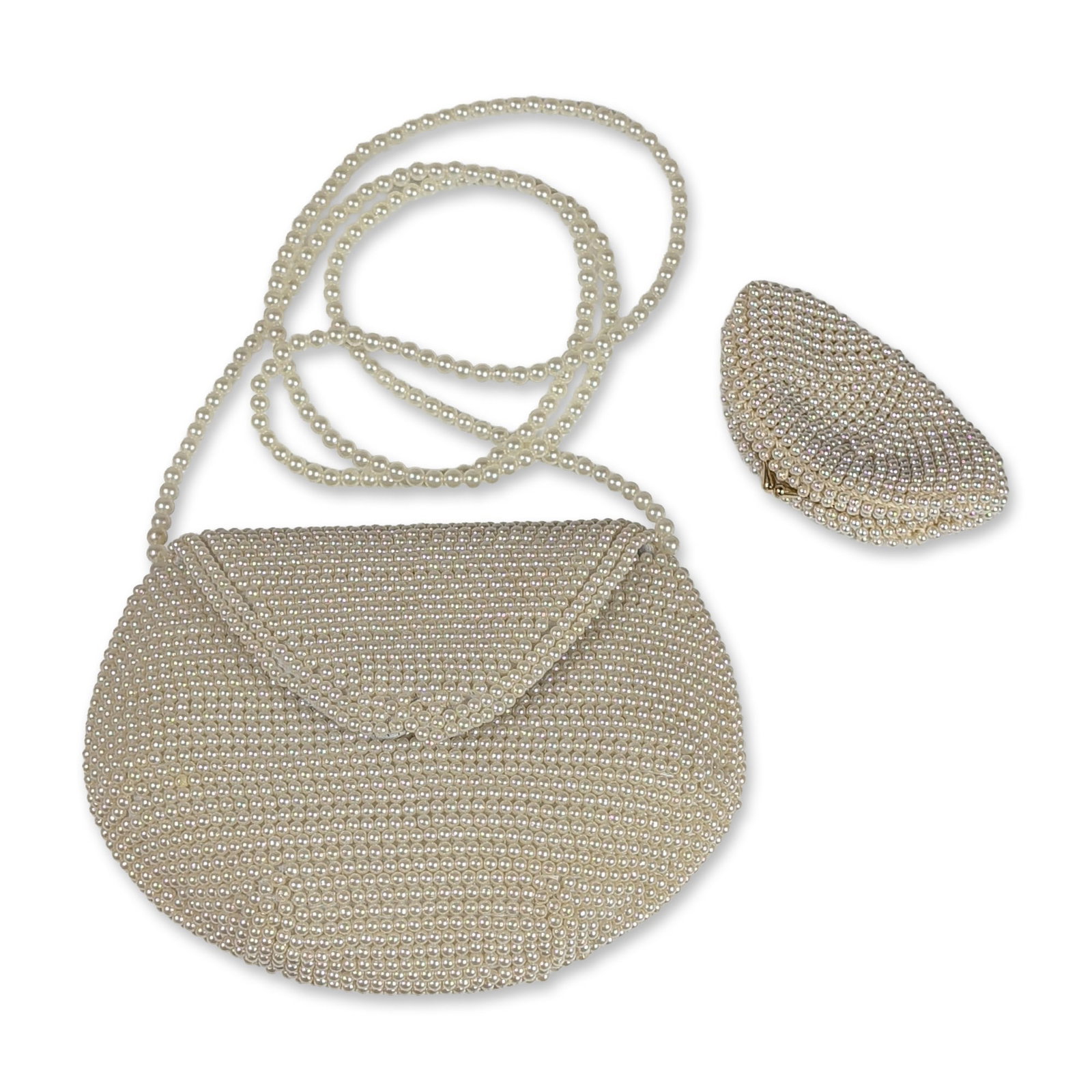 2pc Faux Pearl Beaded Evening Bag Set: Two-piece evening accessory set featuring a shoulder bag and coordinating coin purse, both heavily embellished with cream-colored faux pearls. The envelope-style shoulder bag is designed with a rounde