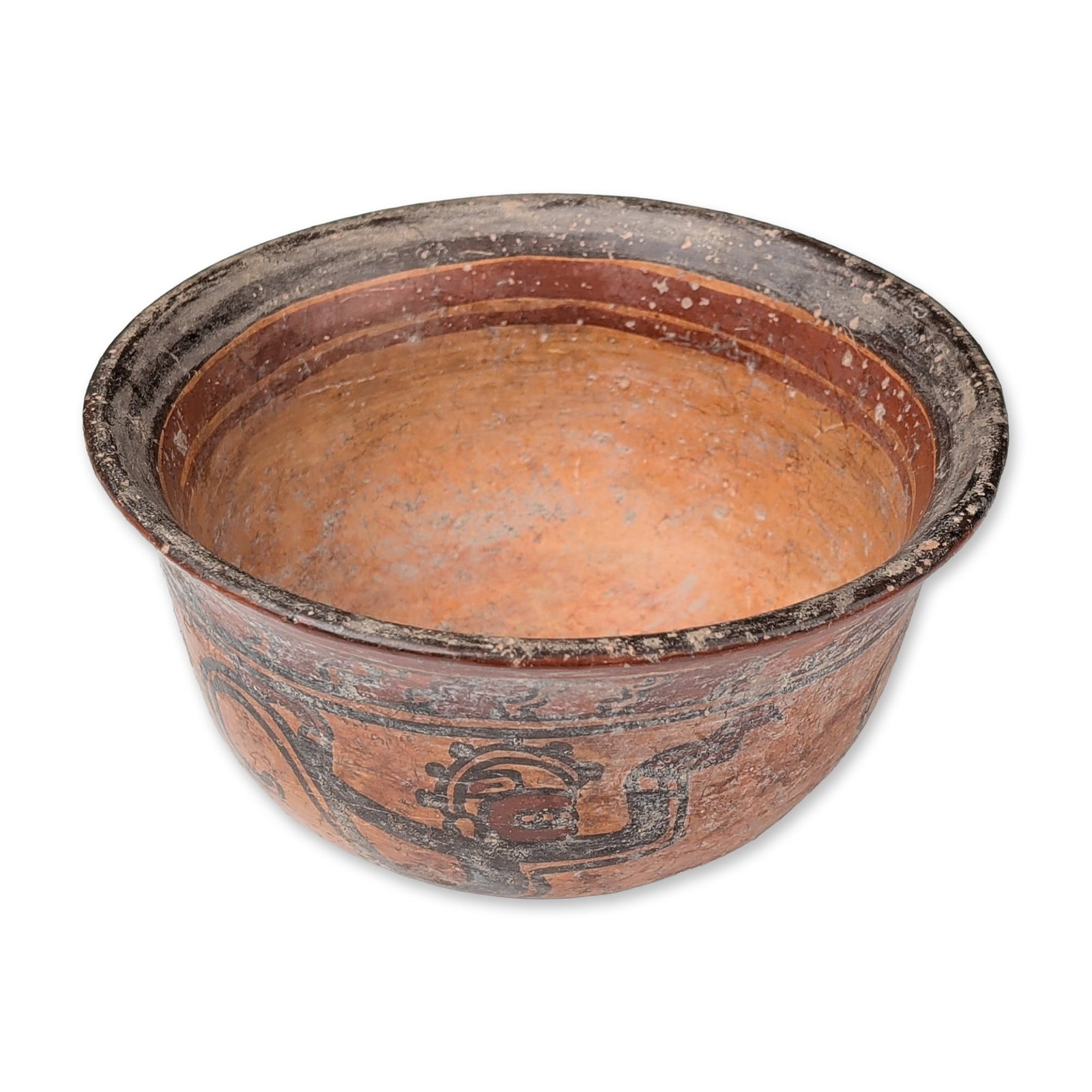 Pre-Columbian Polychrome Ceramic Bowl: Polychrome ceramic bowl in slip-painted earthenware, featuring a rounded body with a flared rim and flattened base. The exterior is decorated with a register of three repeated stylized monkeys depicte