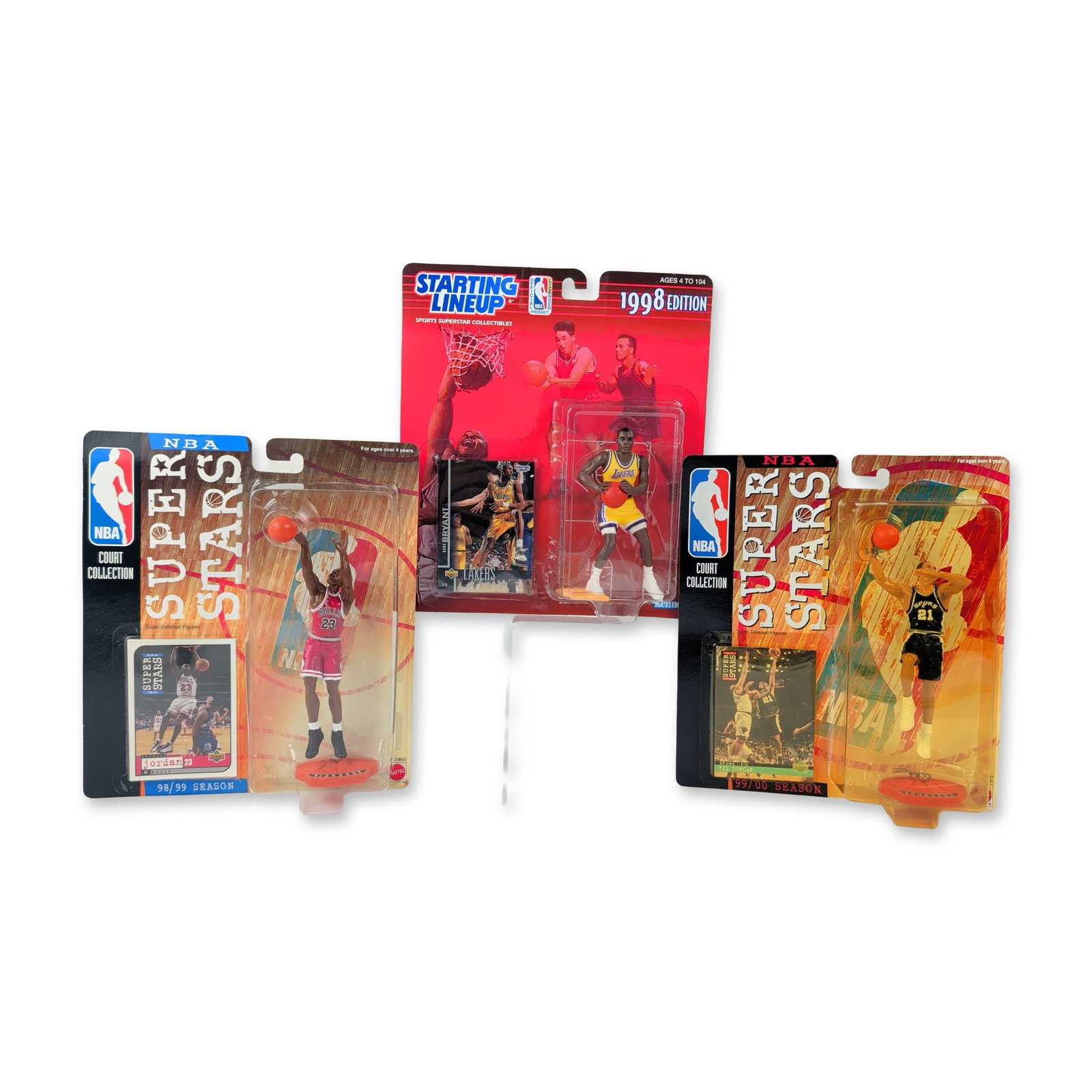 3pc Kenner and Mattel NBA Action Figures: Collection of three NBA action figures in original retail packaging, featuring Michael Jordan, Kobe Bryant, and Tim Duncan. Includes one Kenner Starting Lineup 1998 Edition figure of Kobe Bryant in Lo