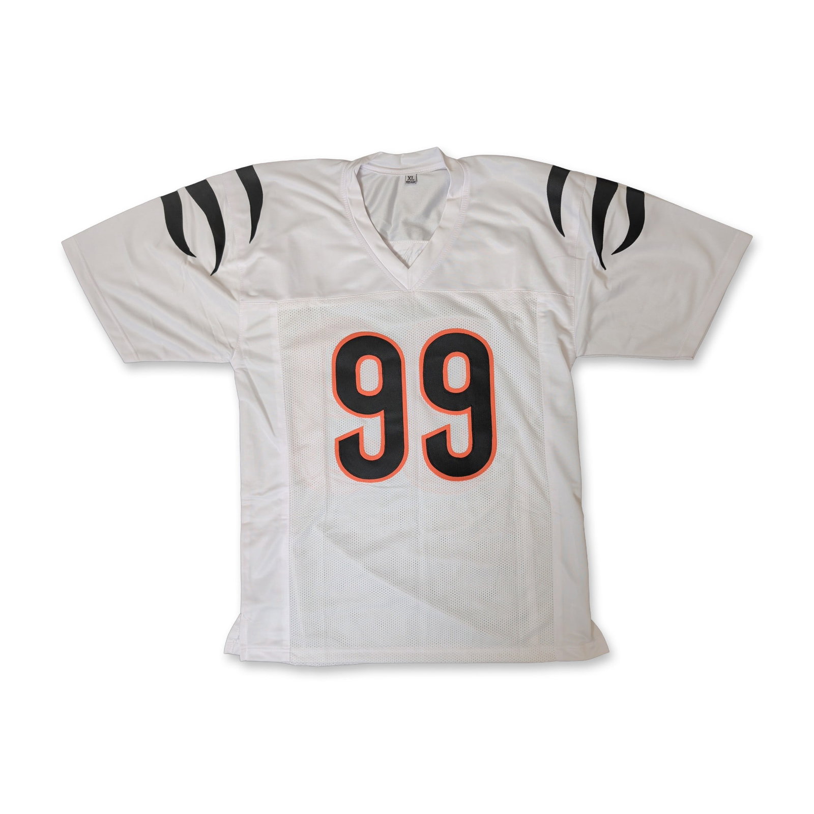 Myles Murphy Signed Custom Cincinnati Bengals Jersey: Custom pro-style Cincinnati Bengals jersey in white synthetic mesh and solid fabric, featuring black and orange block number 99 on the front and reverse. The shoulders and sleeves are decorated with b