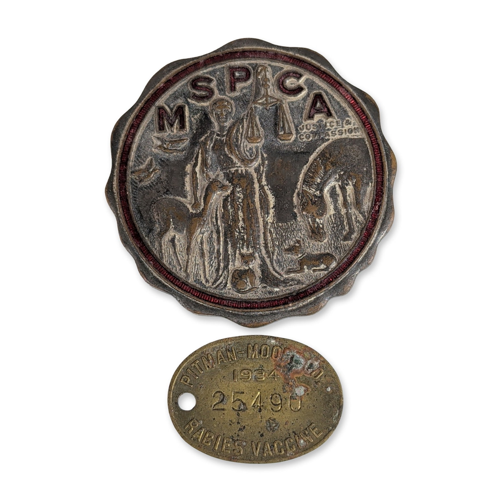 Two MSPCA Bronze Medal and 1934 Rabies Vaccination Tag: Massachusetts Society for the Prevention of Cruelty to Animals (MSPCA) commemorative medal and Pitman-Moore rabies vaccine tag. The scalloped bronze-tone medal features a central relief depicting an a