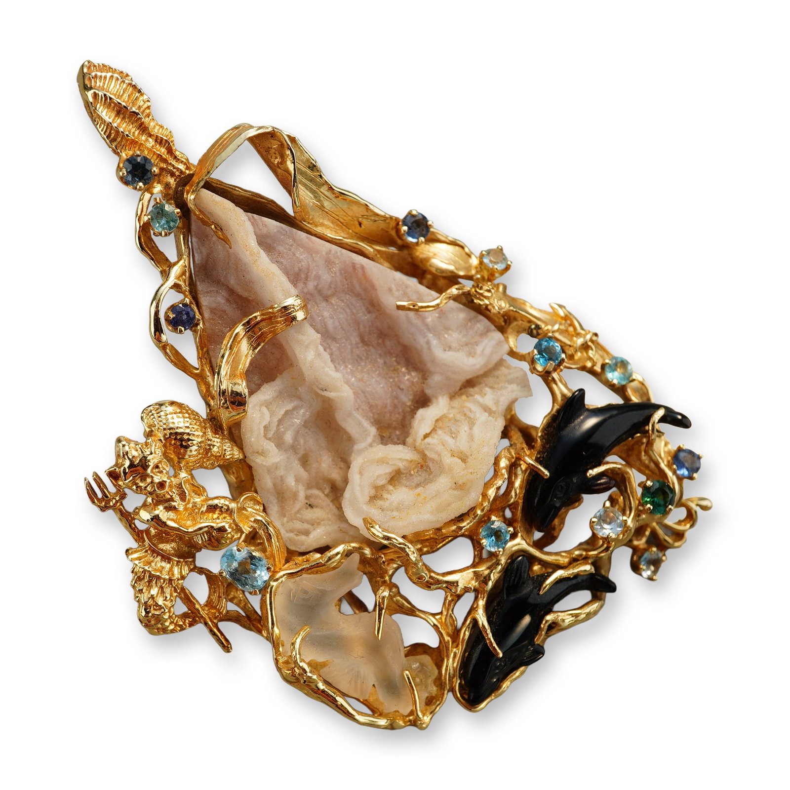 14K Yellow Gold Sandstone, Quartz, Onyx and Amethyst Pendant: One of a kind 14K gold pendant depicting Poseidon with trident, sea horse and dolphins. Perfect gift for Aquarius. Finely accented with multi color Amethyst gemstones and Swiss blue topaz. Marked 14K 