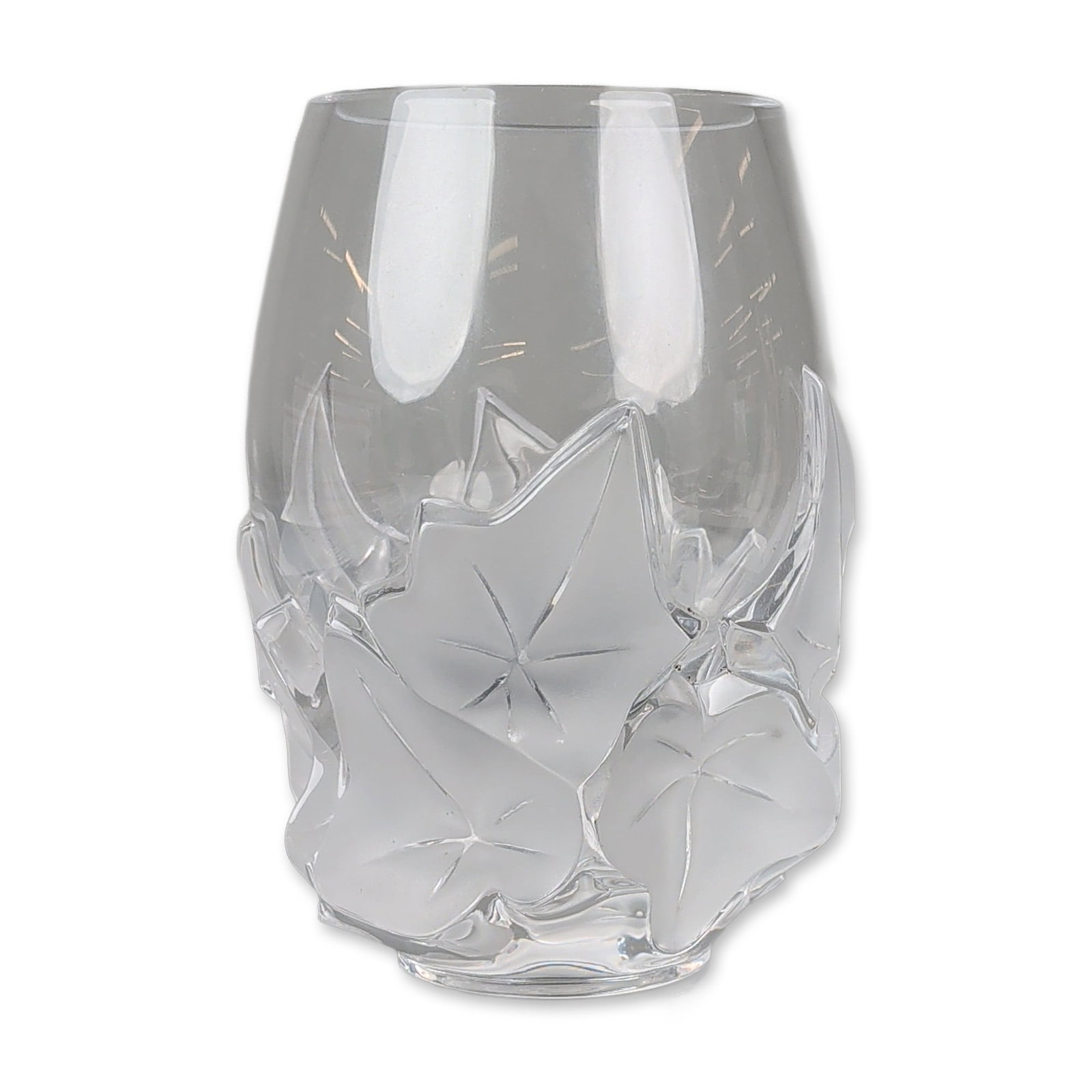 Lalique France Clear and Frosted Vase, Hedera: Hedera vase in frosted and clear crystal, featuring a barrel-shaped form decorated with high-relief overlapping ivy leaves in a satin-frosted finish. The interior and recessed areas are polished clear