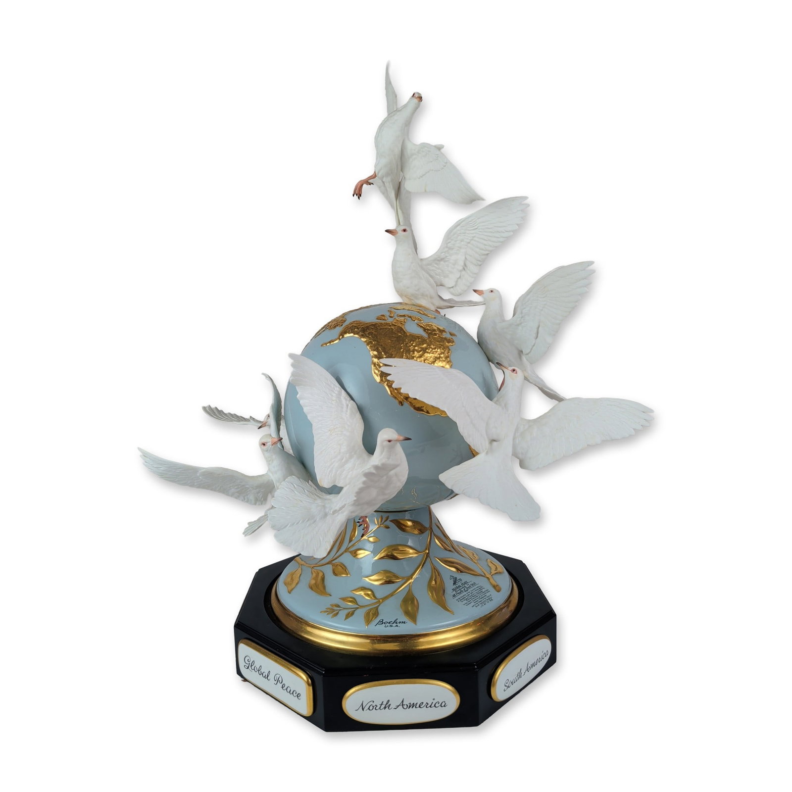 Boehm American Porcelain Global Peace Sculpture: Boehm American commemorative porcelain sculpture titled Global Peace, featuring a pale blue globe with continents highlighted in raised gold gilding. Seven white bisque porcelain doves are depicted in