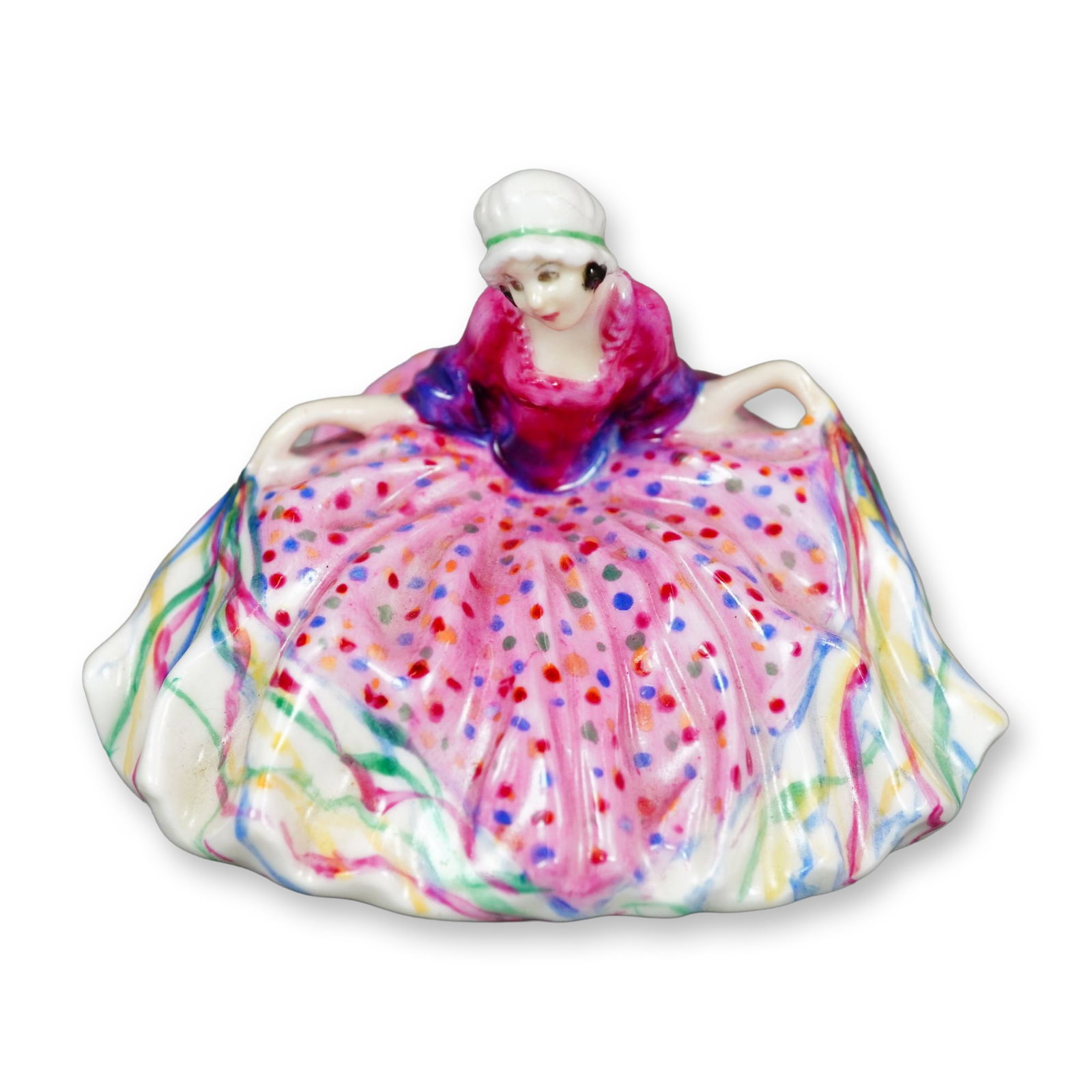Royal Doulton Figurine, Polly Peachum M23: Character from "The Beggar's Opera", the figure depicts a young woman curtsying. She is shown wearing a pink gown with colorful dots and ribbon accents. Royal Doulton backstamp. Dimensions: 3"L x 2.5"