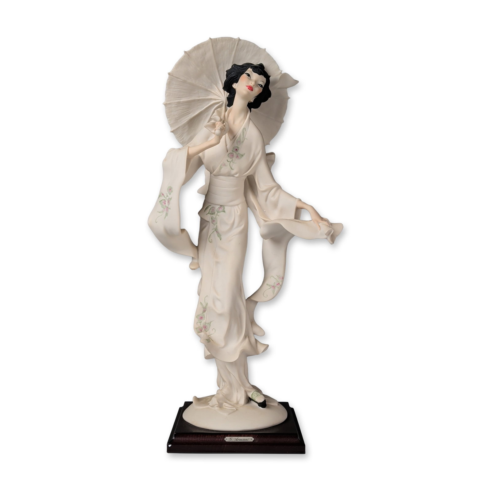Giuseppe Armani Florence Oriental Lady with Parasol Figurine: Giuseppe Armani for Florence Sculture d'Arte cold-cast porcelain figurine, dated 1989, 0612-S. The figure depicts a woman in traditional Japanese attire, featuring a flowing kimono with floral accents
