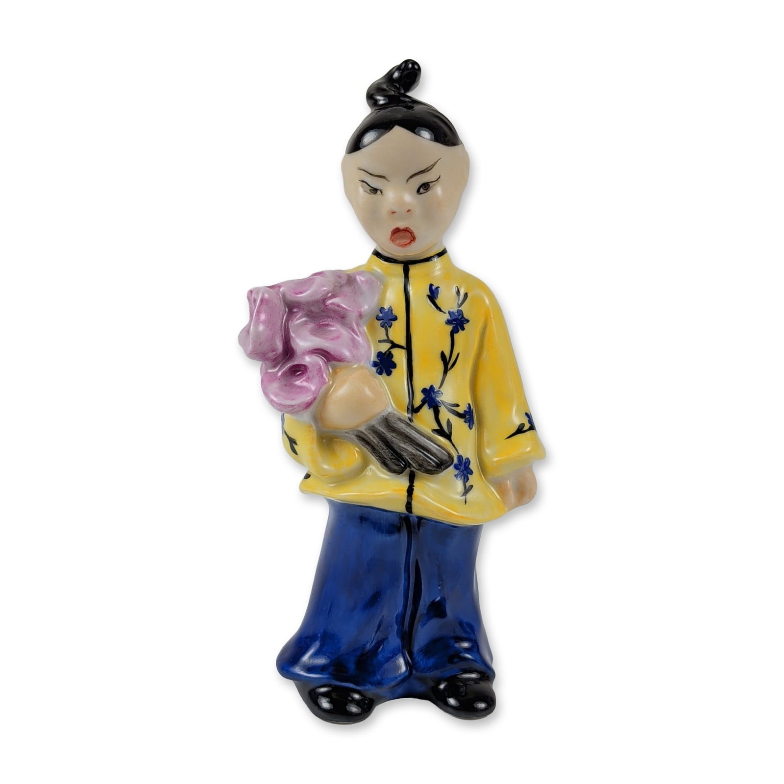 Herend Porcelain Chinoiserie Boy Figurine: Herend Hungarian hand-painted porcelain figurine in a Chinoiserie style, depicting a stylized boy in traditional attire. The figure wears a yellow jacket decorated with a trailing blue floral pattern,