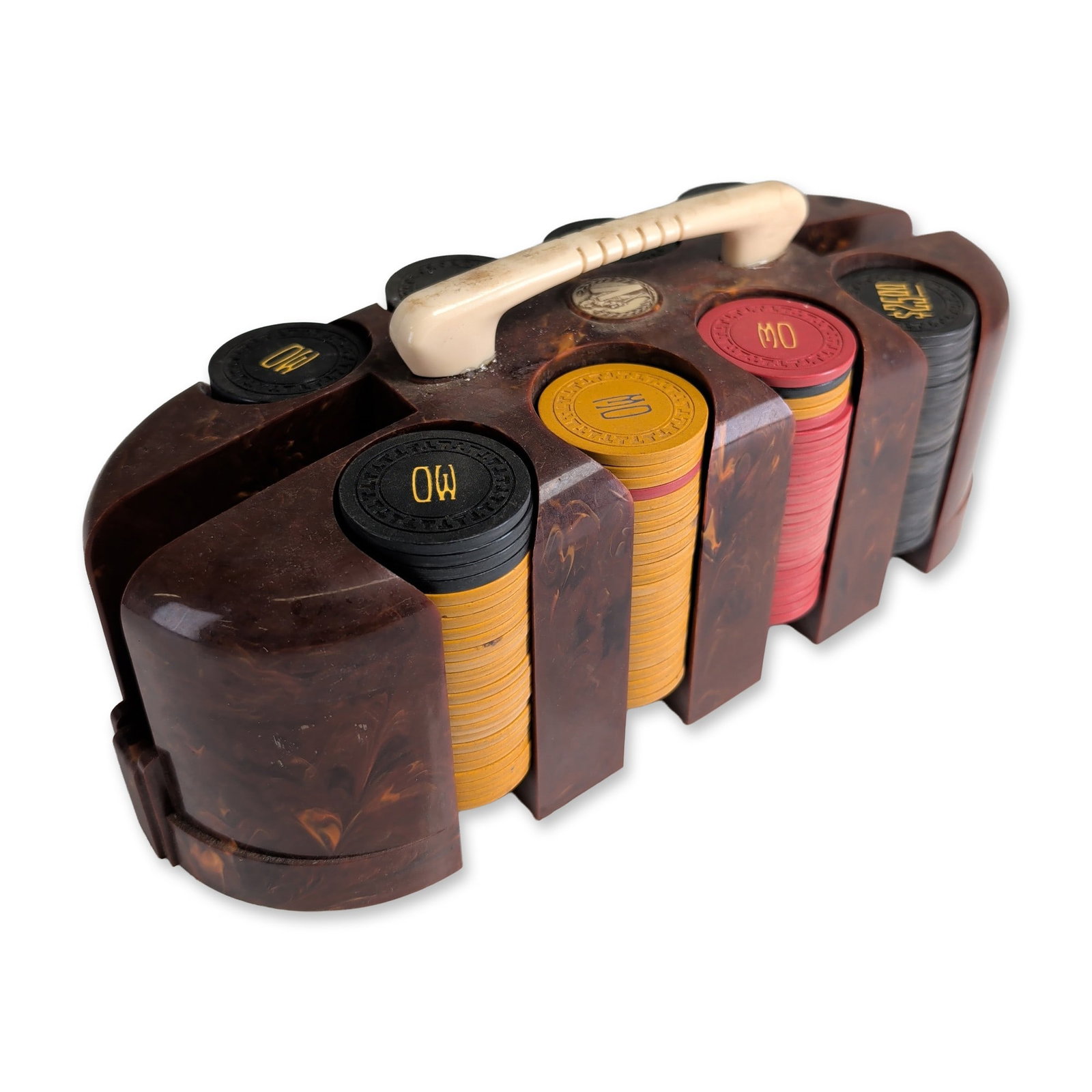 V Knight Art Deco Vertical Poker Chip Set and Caddy: Art Deco vertical bakelite poker chip set featuring a carrier constructed from marbled chocolate brown phenolic resin with a cream-colored ribbed handle. Set includes a collection of chips in red, yel