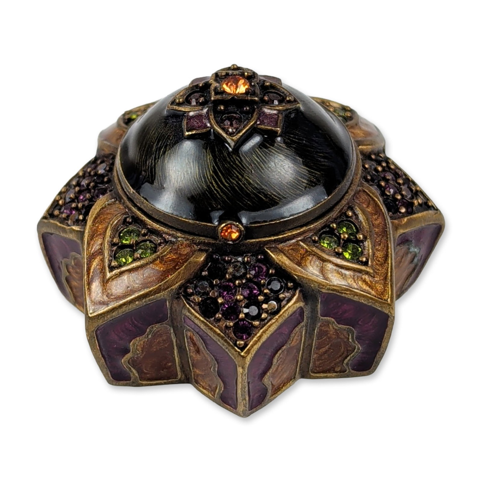 Jay Strongwater Enameled Lotus Star Trinket Box: Jay Strongwater. Hinged trinket box in the form of an eight-pointed lotus star, featuring hand-painted translucent enamel in shades of purple, amber, and brown over gold-toned cast metal. The lid is c