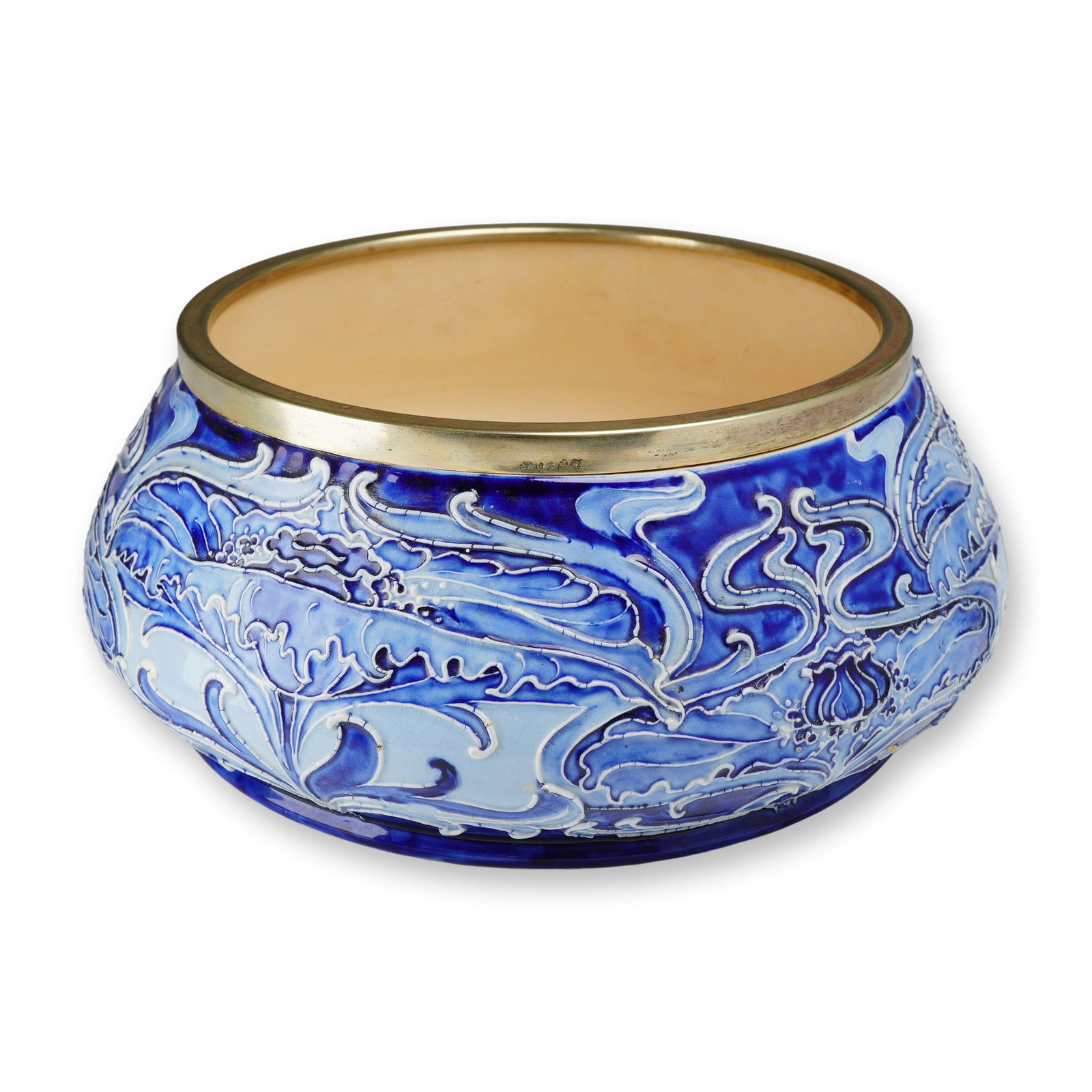 Moorcroft Florian Ware Salad Bowl with Silver-Plated Rim, Poppy: Florian Ware salad bowl in the 'Poppy' pattern, with a silver-plated rim; incised initials and printed marks to the underside. Dimensions: 10.5"W x 4.5"H Manufacturer or Brand: Moorcroft Country of Or