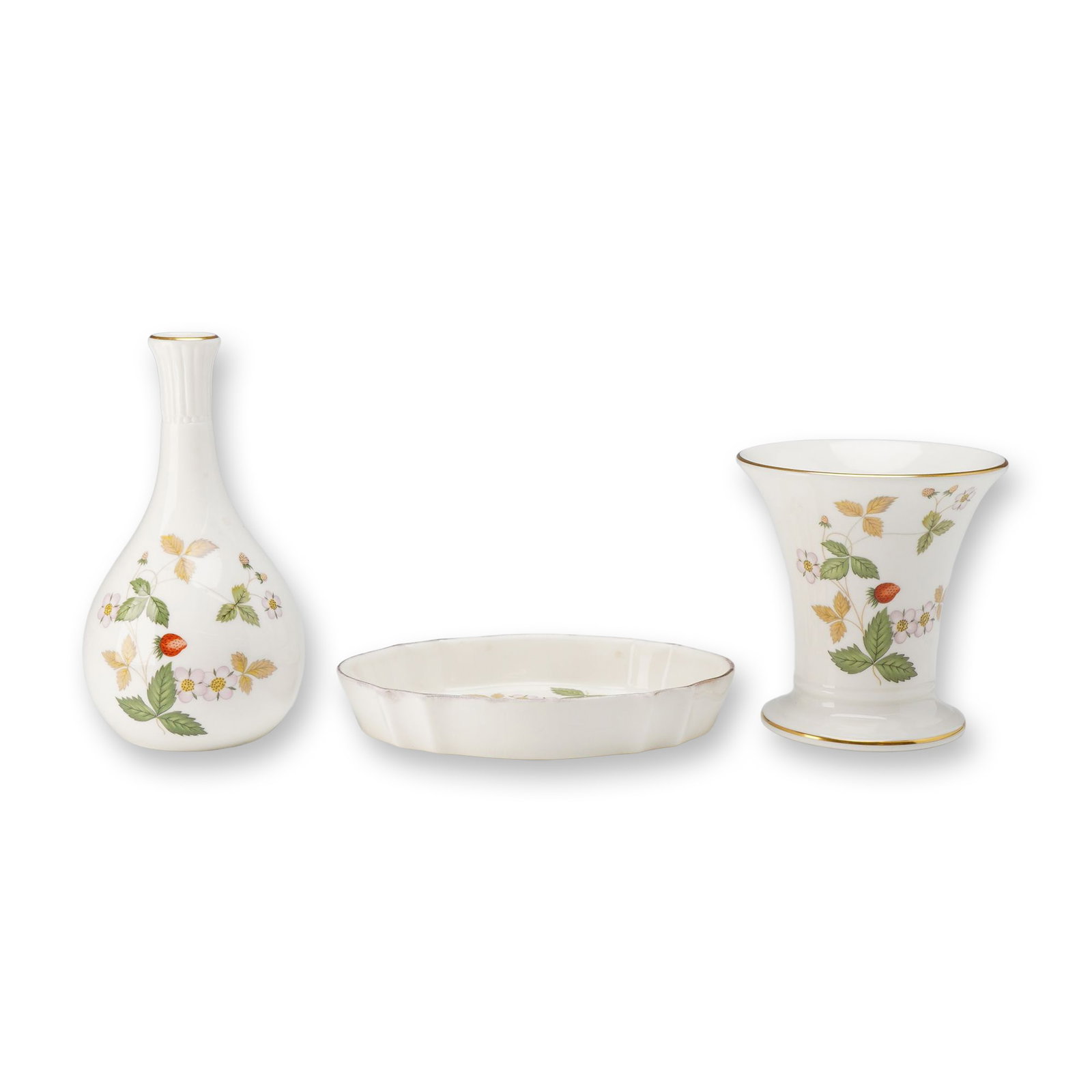 3pc Collection of Wedgwood Wild Strawberry Ceramics: This collection consists of one bottle-shaped bud vase, one flared trumpet-style pedestal vase, and one scalloped oval dish in the Wild Strawberry pattern. These pieces are crafted from fine bone chin