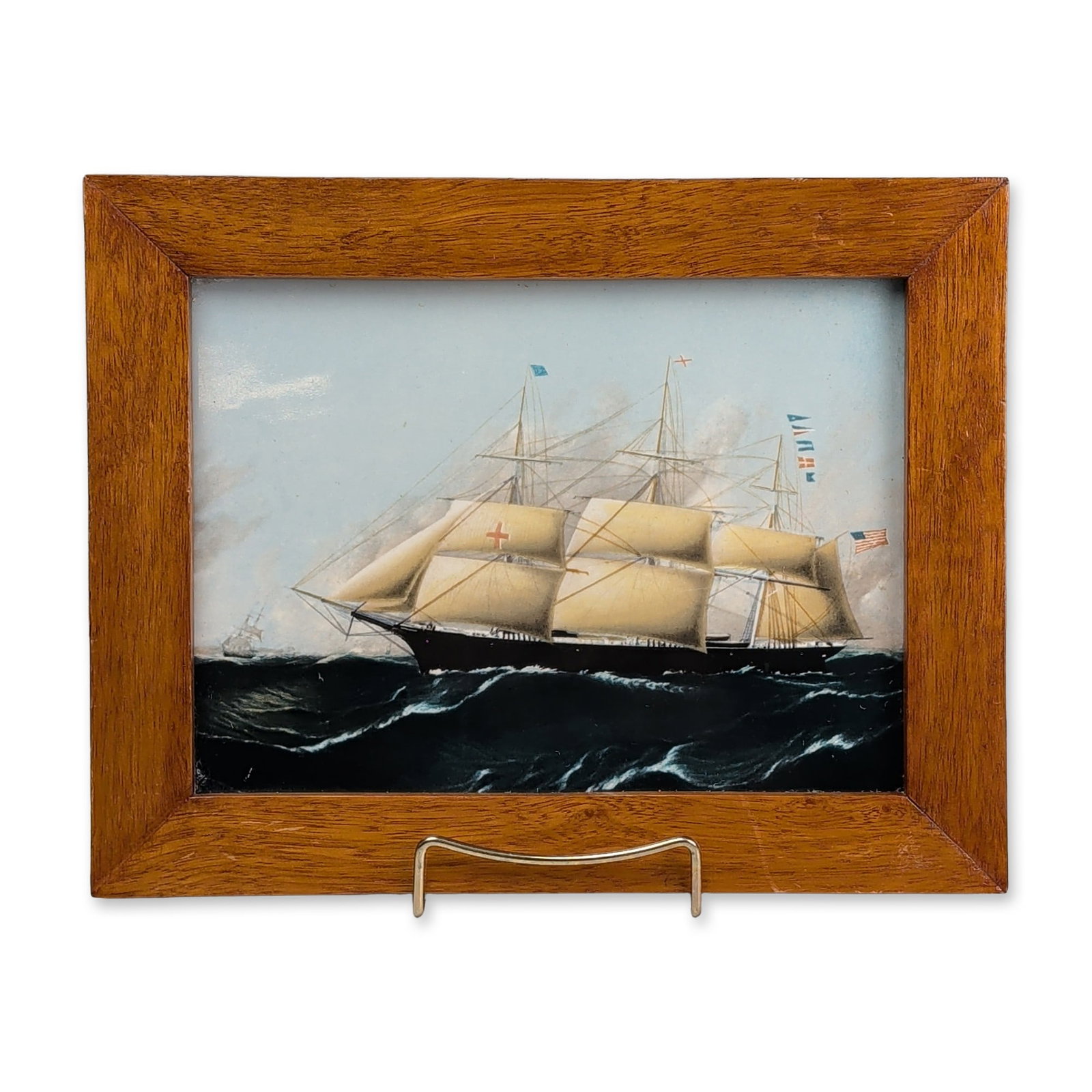 Wedgwood of Etruria & Barlaston Framed Porcelain Nautical Tile, Dreadnought: Wedgwood porcelain plaque featuring a reproduction of 'Dreadnought' by James E. Butterworth. Depicts the American clipper ship navigating heavy seas under a light sky. Mounted in a mitered wood frame 
