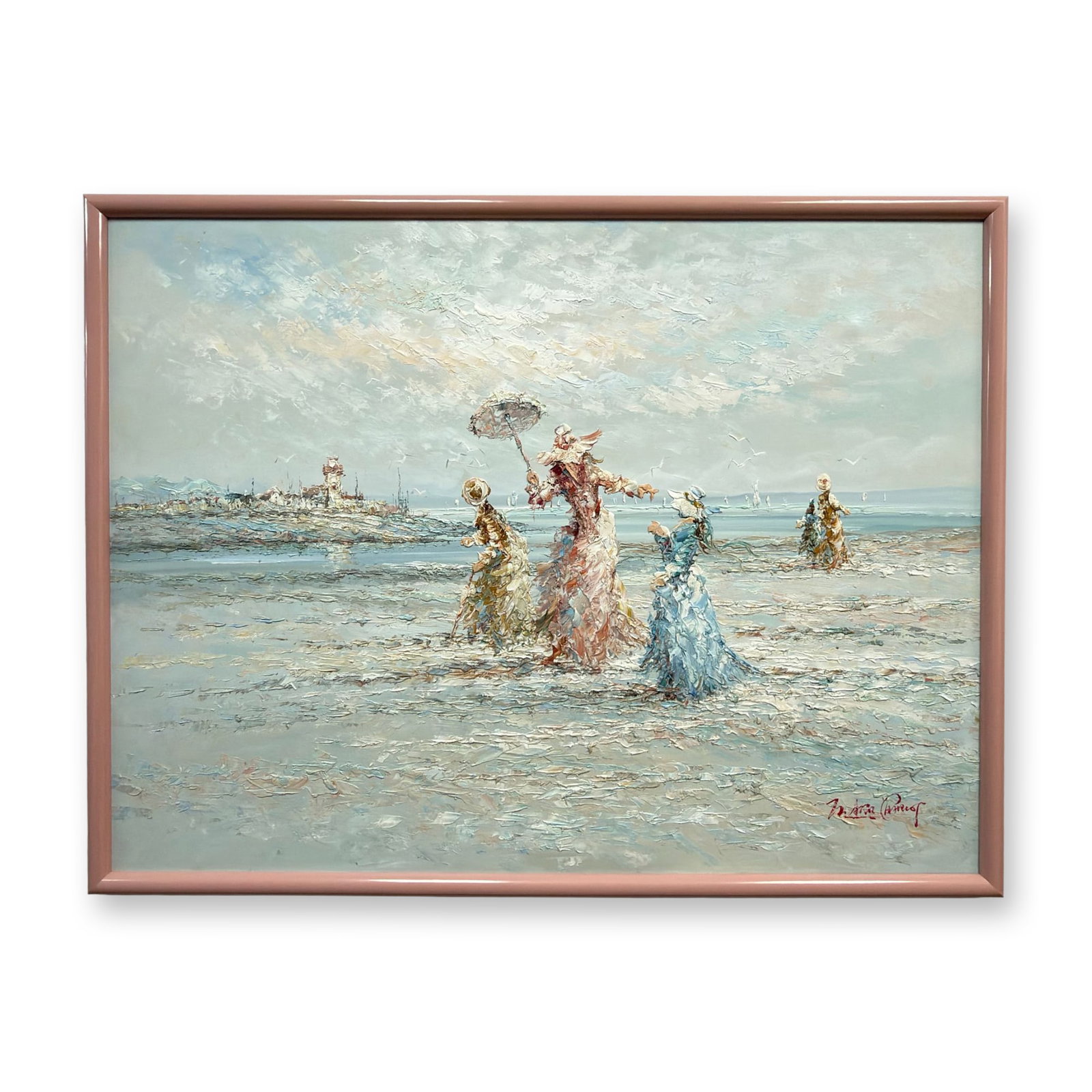 Marie Charlot (French 20th-21st century), Oil on Canvas, Impressionist Beach Scene, Signed: This oil on canvas painting by French artist Marie Charlot depicts a beach scene that features several figures, including women in flowing gowns and wide-brimmed hats and a child, strolling along a sh