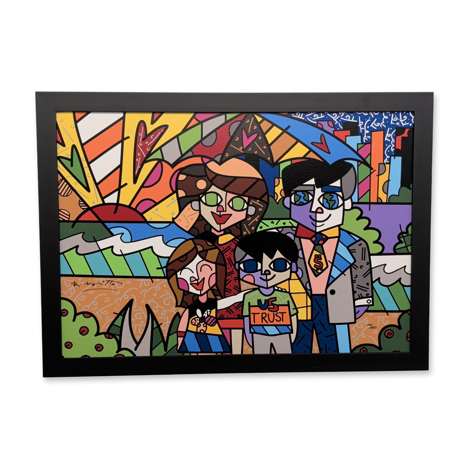 Romero Britto (Brazilian, b. 1963) Framed Giclee on Canvas, U.S. Trust: Created in 2007 and issued in a limited edition of 40, of which this work is number 10. The scene centers on a family of four rendered in Britto's distinctive Pop-Cubist vocabulary, surrounded by a br