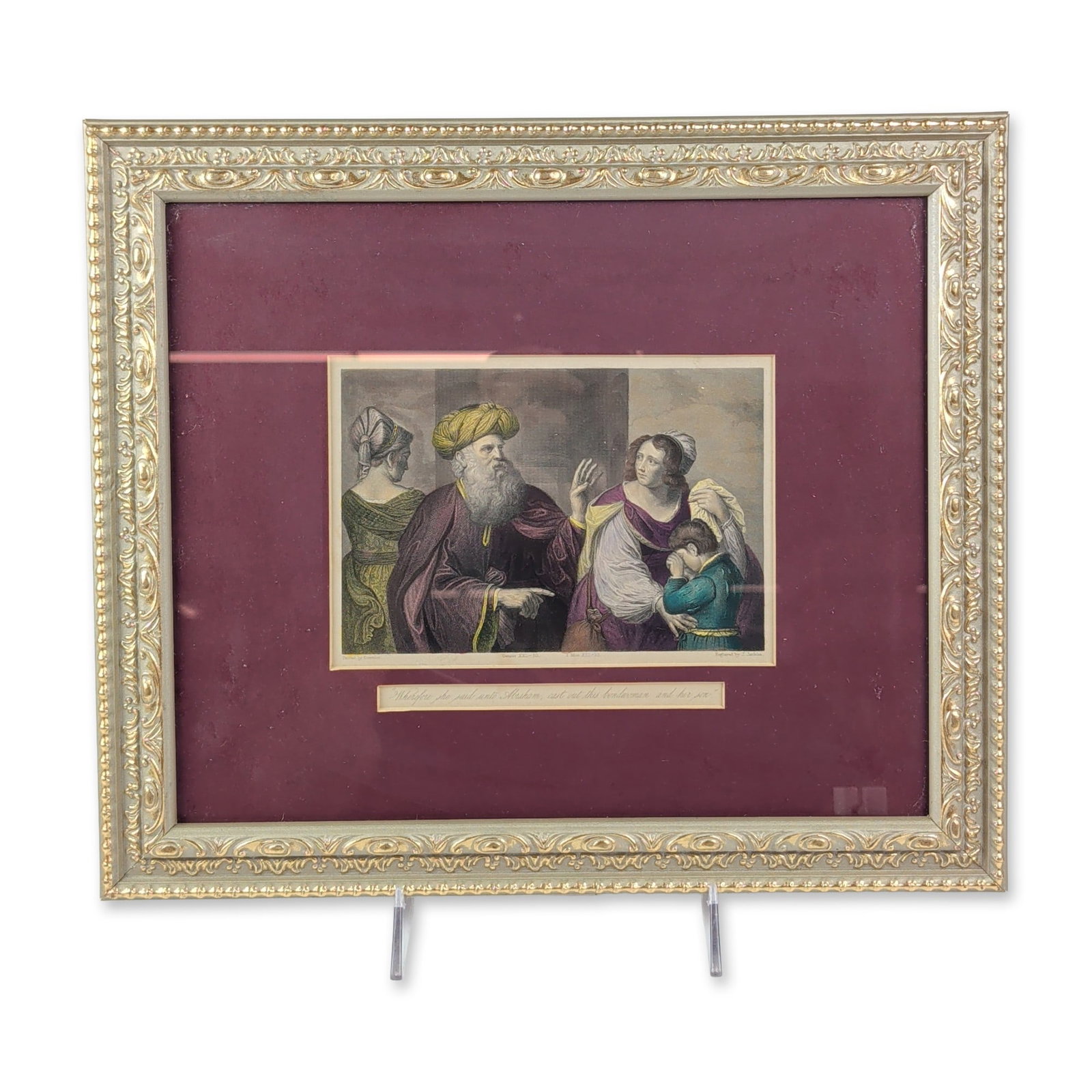 After Guercino, "Abraham Casting Out Hagar" Framed Hand-Colored Engraving: 19th-century hand-colored steel engraving after the composition by Guercino (Italian, 1591-1666), titled "Abraham Casting Out Hagar." The scene illustrates the biblical narrative from Genesis 21:10 an