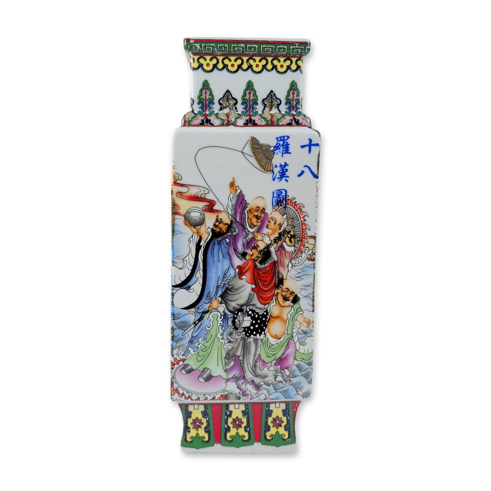Chinese Polychrome Porcelain Eighteen Luohan Cong Vase: Chinese rectangular porcelain vase in the cong form, featuring hand-painted polychrome enamel decoration in a palette similar to famille rose. The four main panels depict a continuous narrative scene 