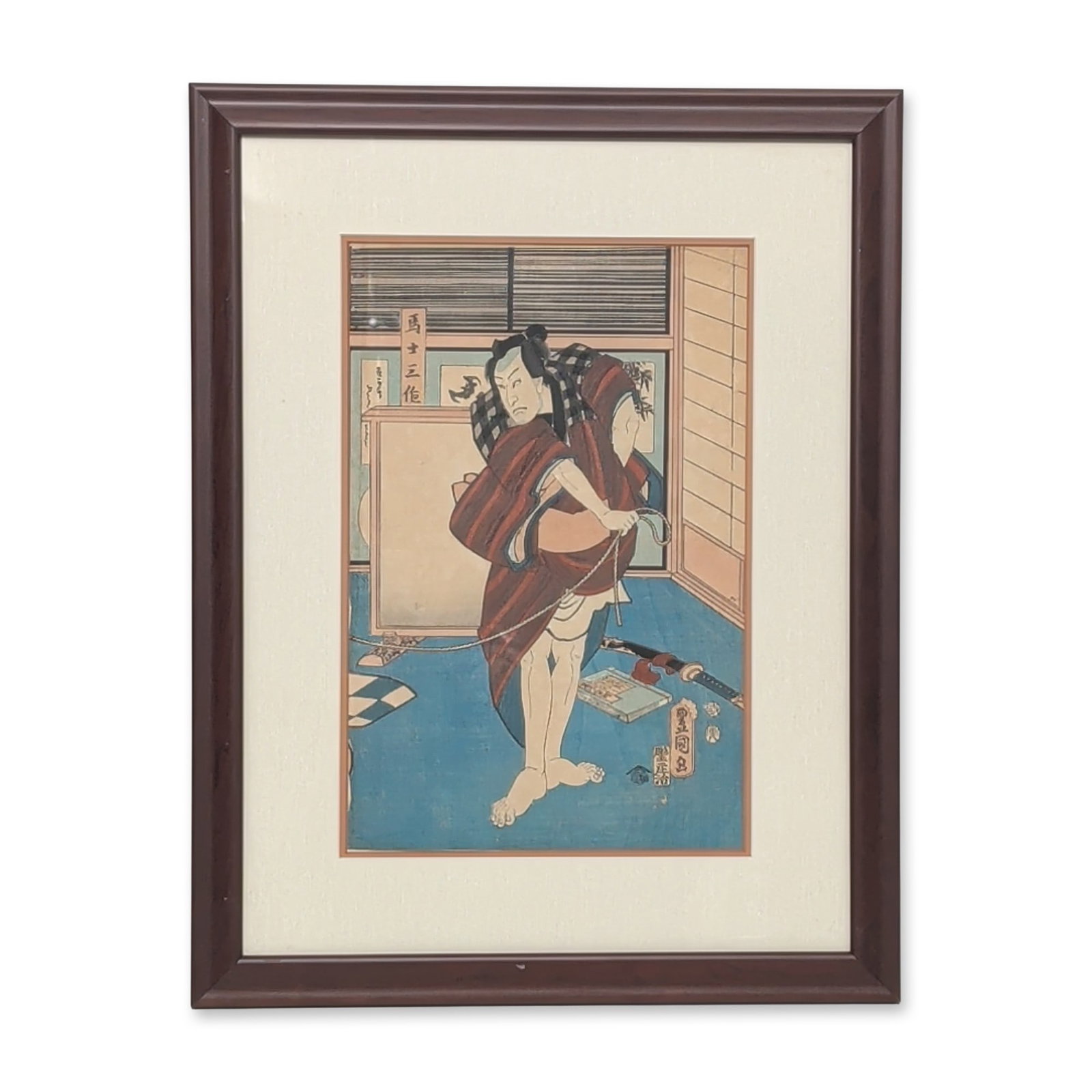 Utagawa Kunisada (Japanese 1786-1865) Woodblock Print, Horse Handler Sansaku: Japanese woodblock print by Utagawa Kunisada (Toyokuni III) titled Horse Handler Sansaku, depicted in a dynamic pose, dressed in a striped and checkered kimono while holding a length of rope. Backgrou