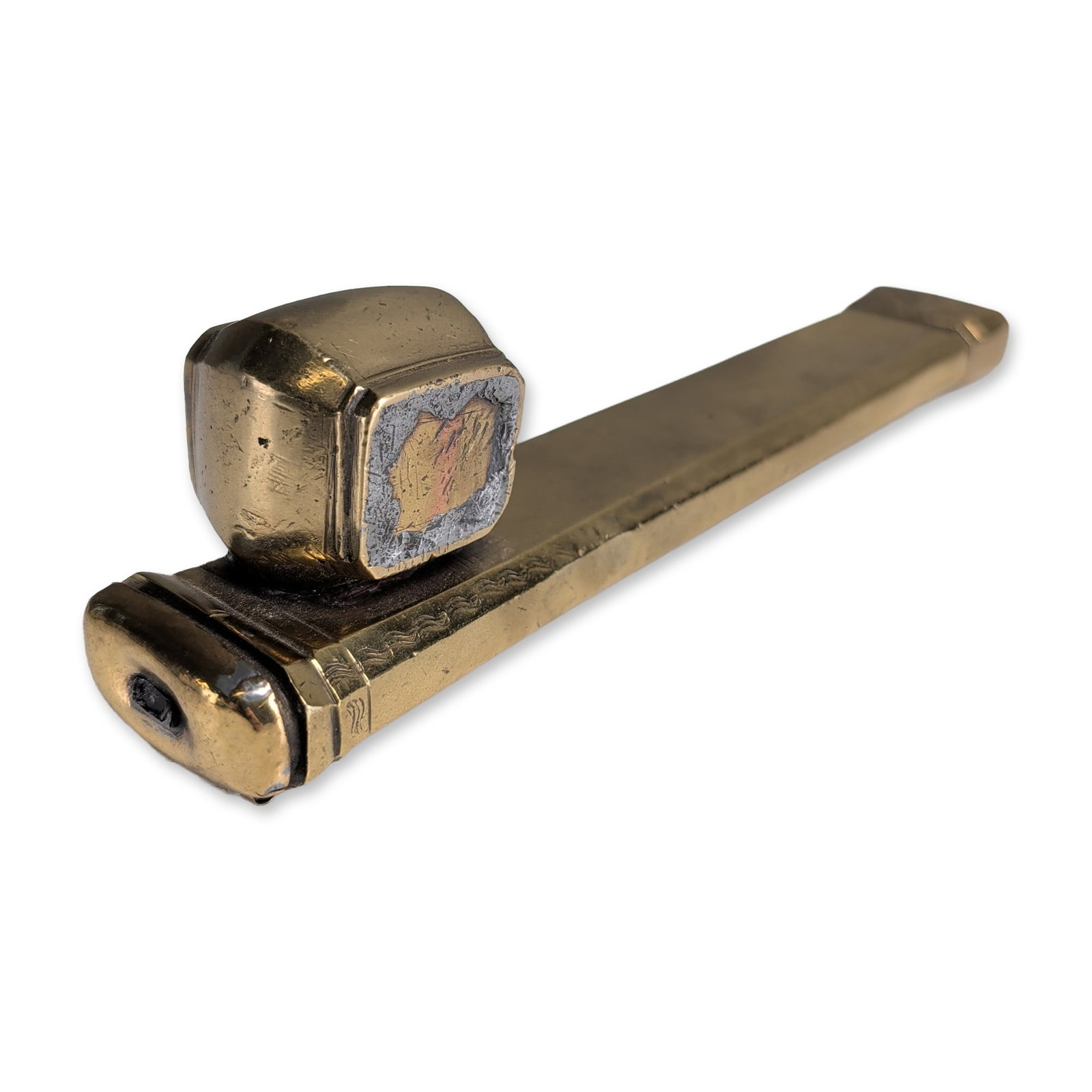 Ottoman Style Brass Divit Traveling Pen Case and Inkwell: Ottoman style traveling scribe box or divit in brass, consisting of a rectangular-profile pen case and an attached square inkwell. The inkwell features a hinged lid with a raised emblem resembling a s