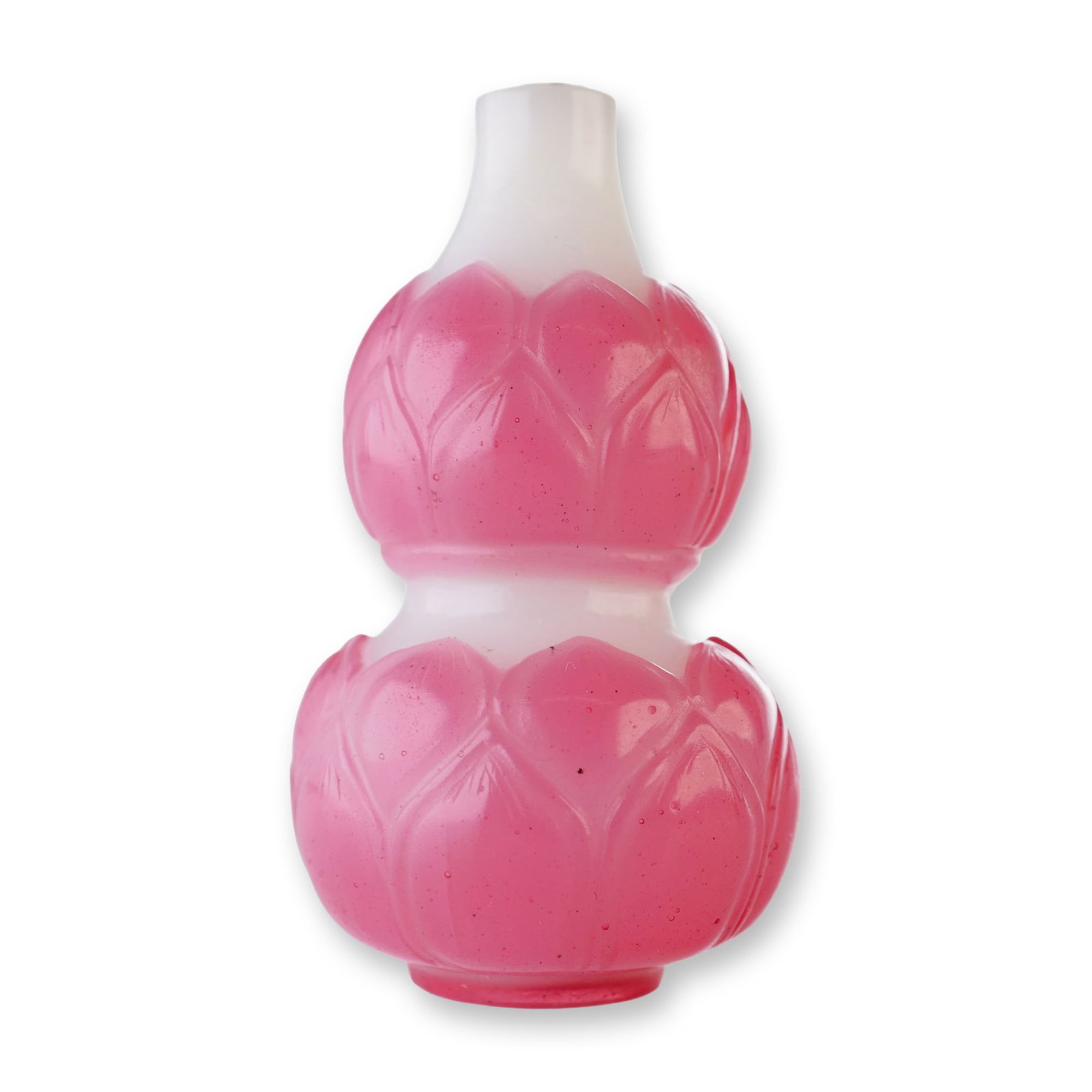 Peking Glass Overlay Snuff Bottle, Double Gourd Form, Pink Lotus: A white Peking glass snuff bottle in a double gourd form, decorated with pink overlay in a lotus flower petal pattern. Dimensions: 1.25"W x 2.25"H Weight: 1.3 oz